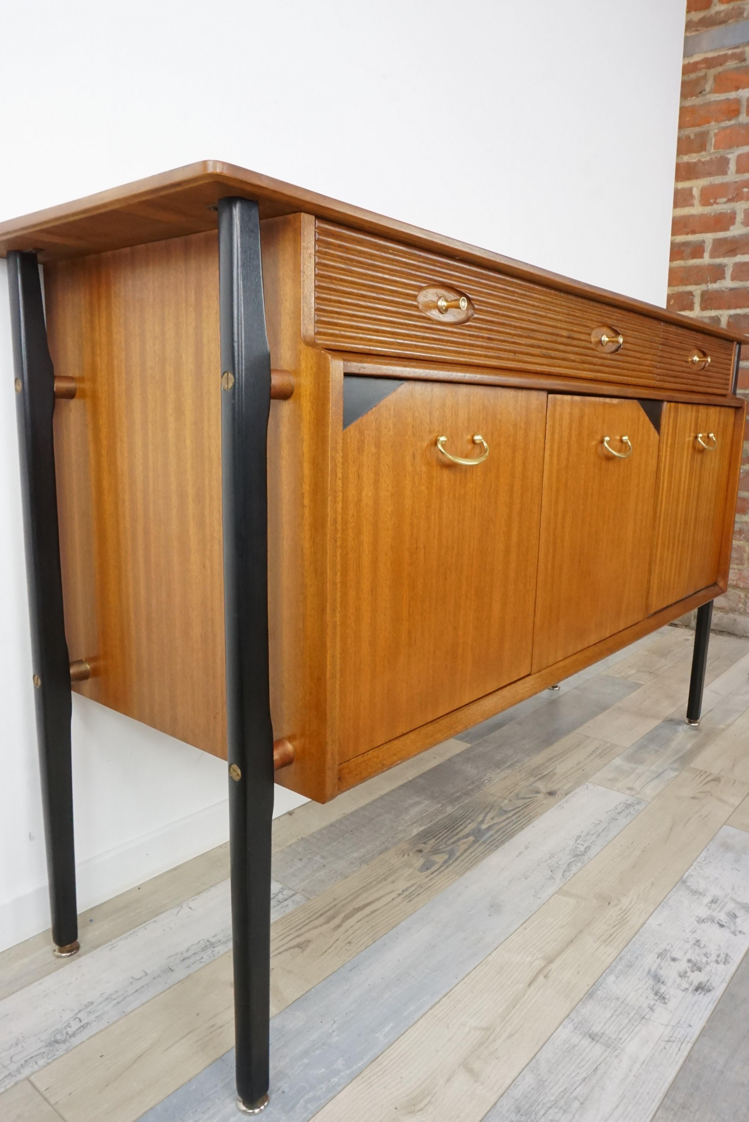 1960s Design Black Lacquered and Teak Wooden Sideboard In Good Condition In Tourcoing, FR