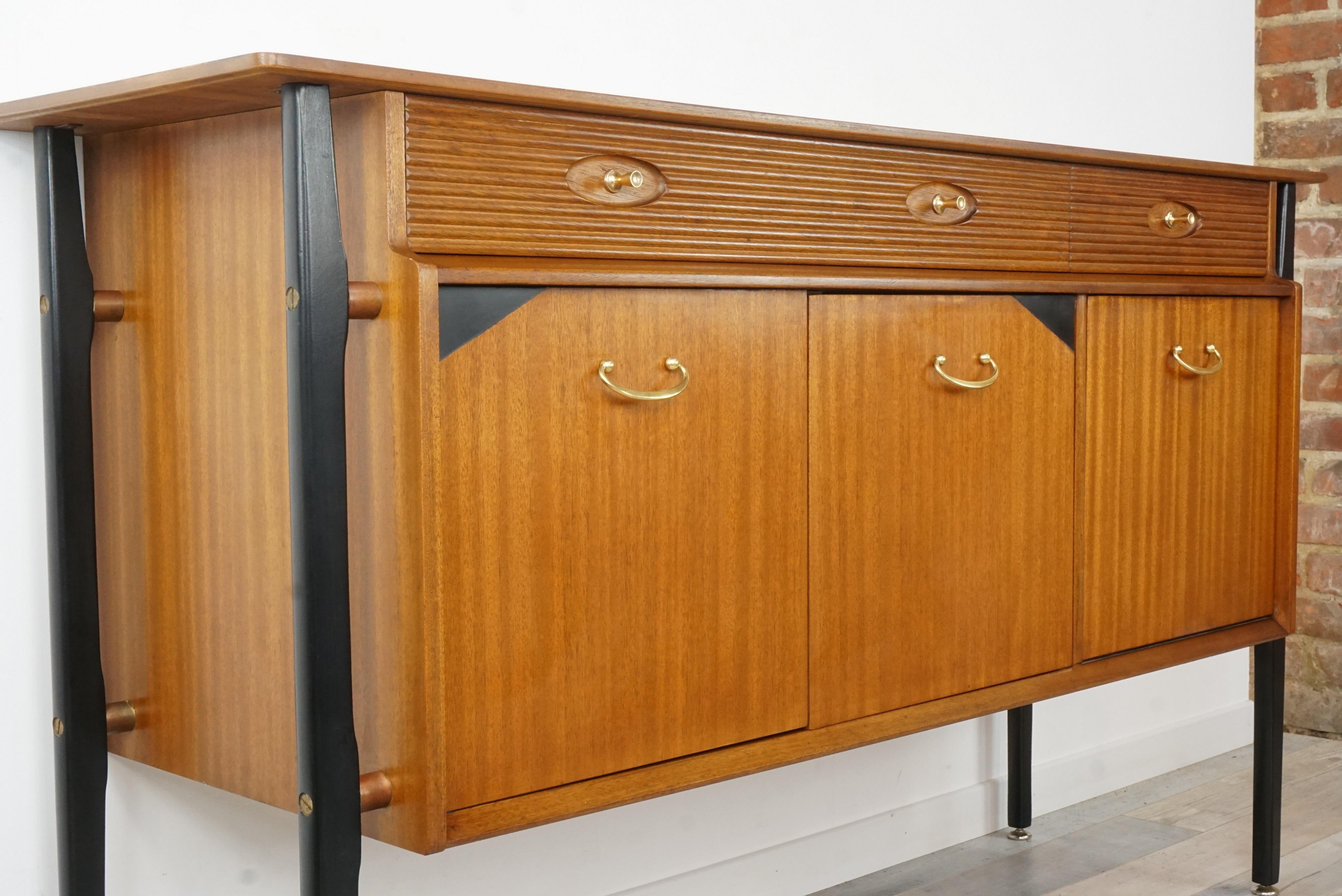 Mid-20th Century 1960s Design Black Lacquered and Teak Wooden Sideboard
