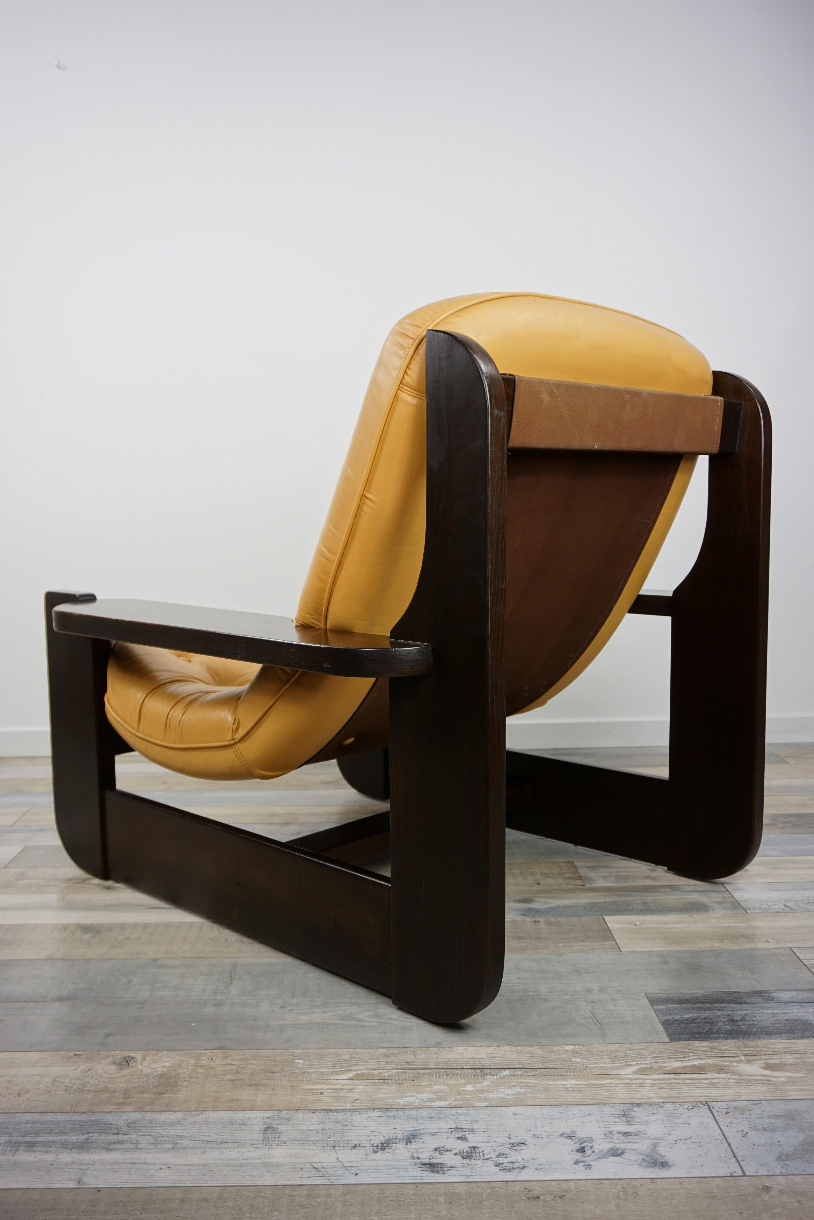 1960s Design Oak Wooden and Natural Leather Lounge Armchair 4