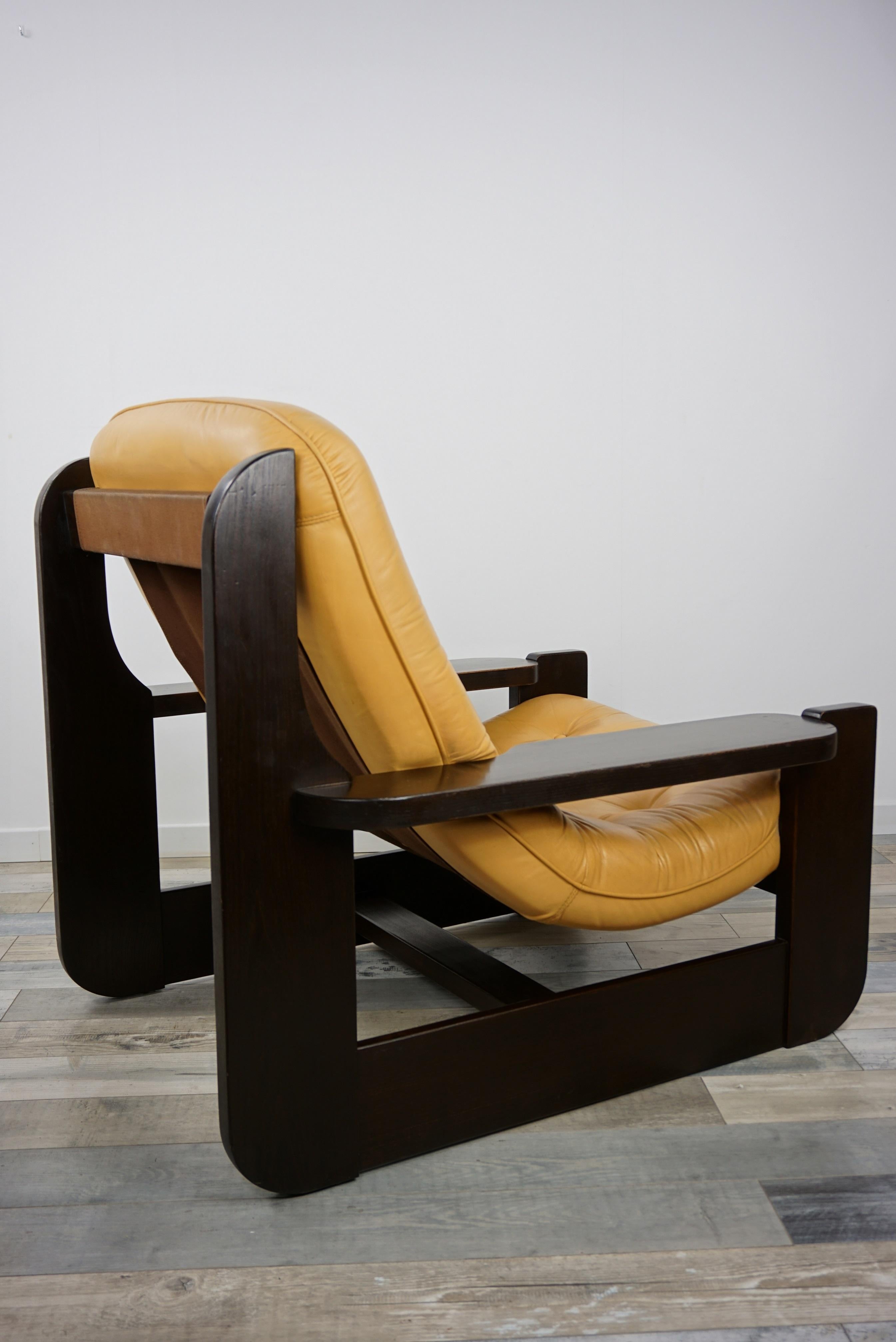 1960s Design Oak Wooden and Natural Leather Lounge Armchair 6