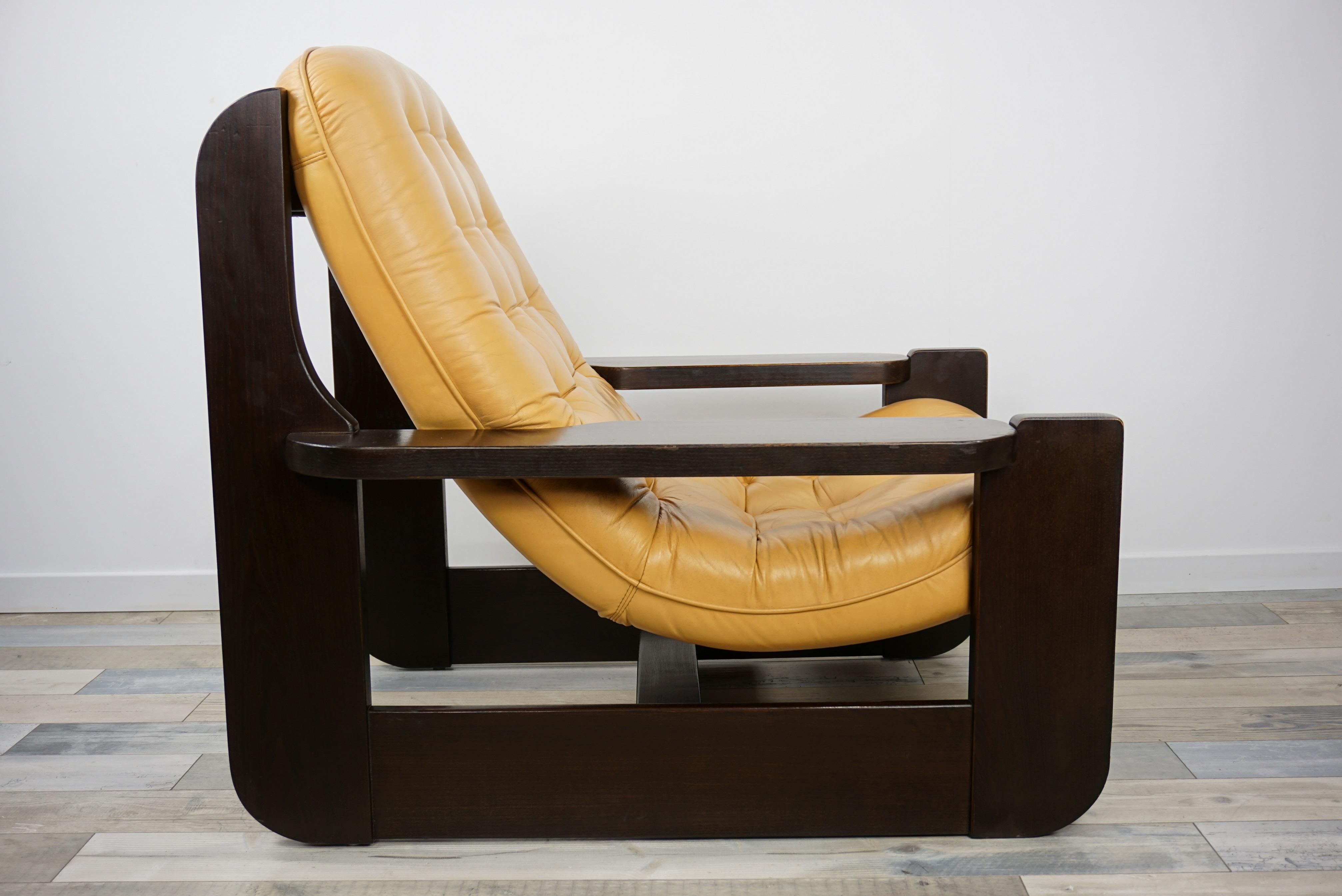 1960s Design Oak Wooden and Natural Leather Lounge Armchair 8