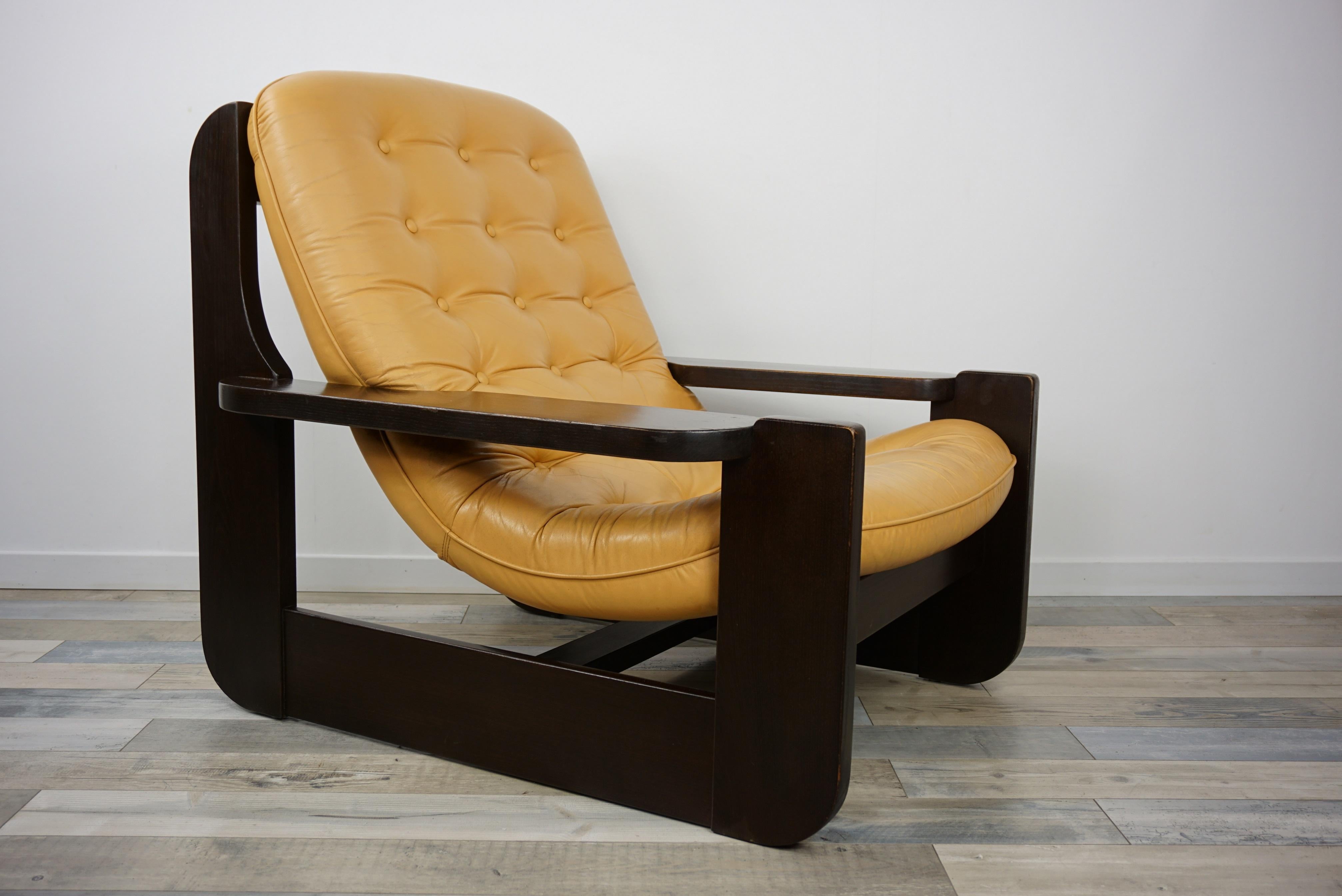 1960s Design Oak Wooden and Natural Leather Lounge Armchair 9