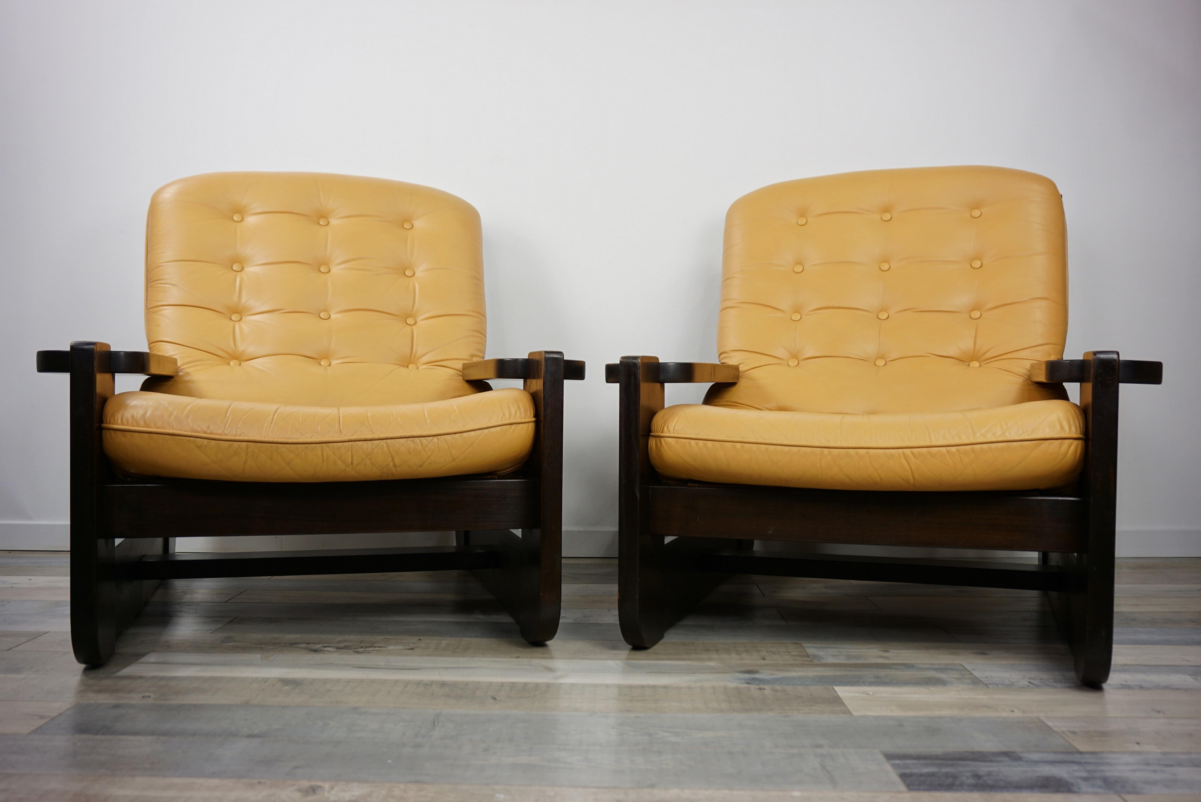 1960s Design Oak Wooden and Natural Leather Lounge Armchair 10