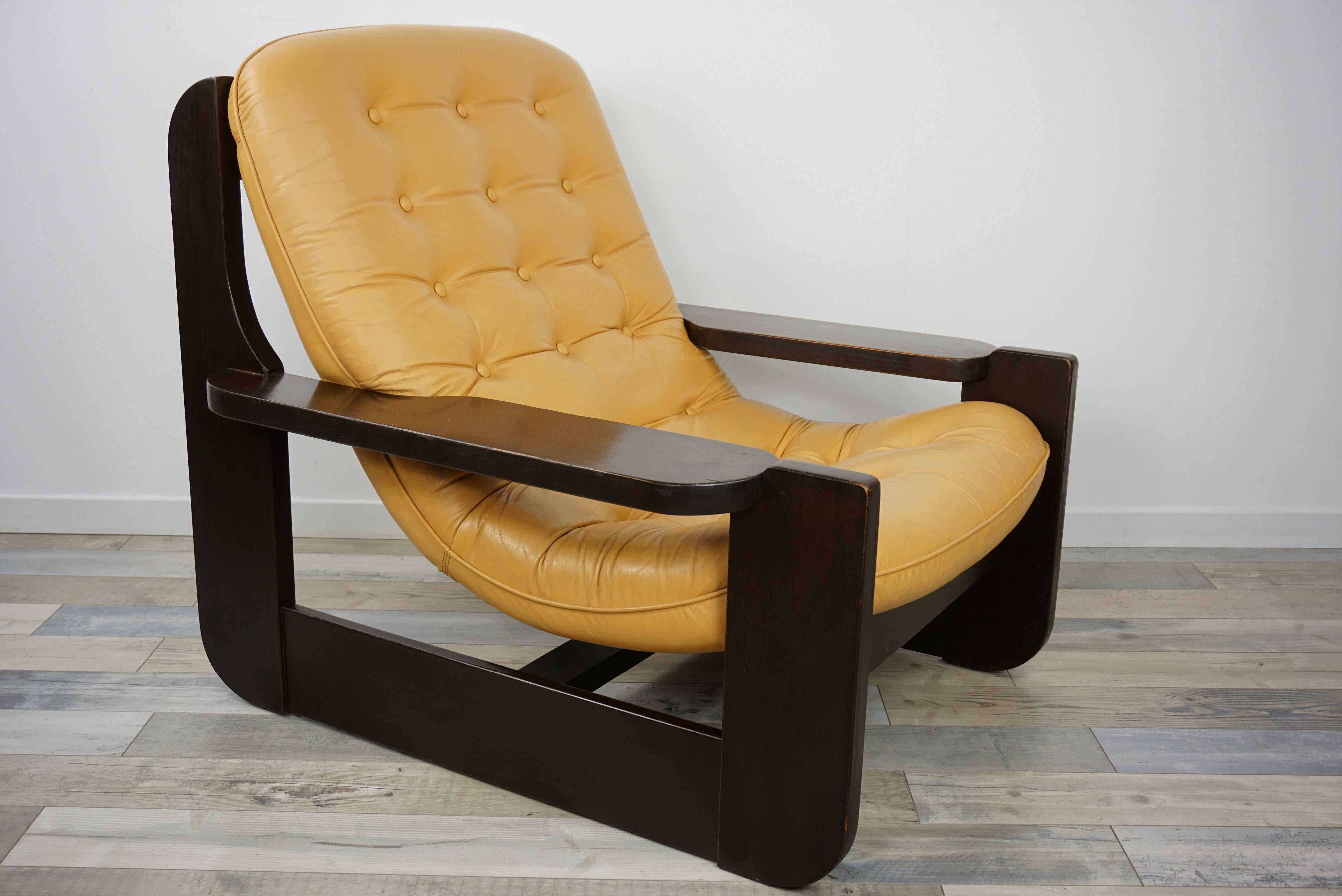 1960s Design Oak Wooden and Natural Leather Lounge Armchair 14