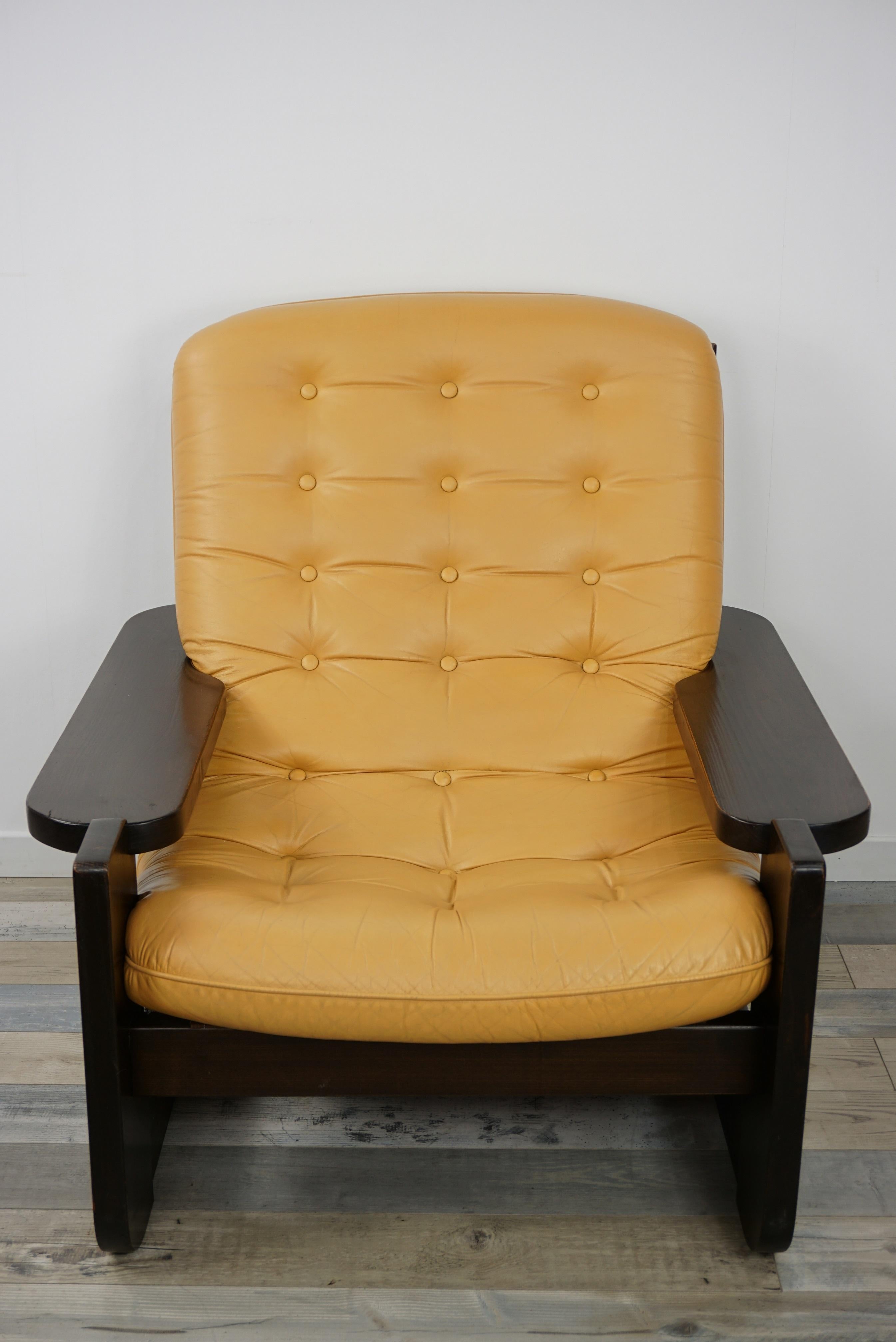 20th Century 1960s Design Oak Wooden and Natural Leather Lounge Armchair
