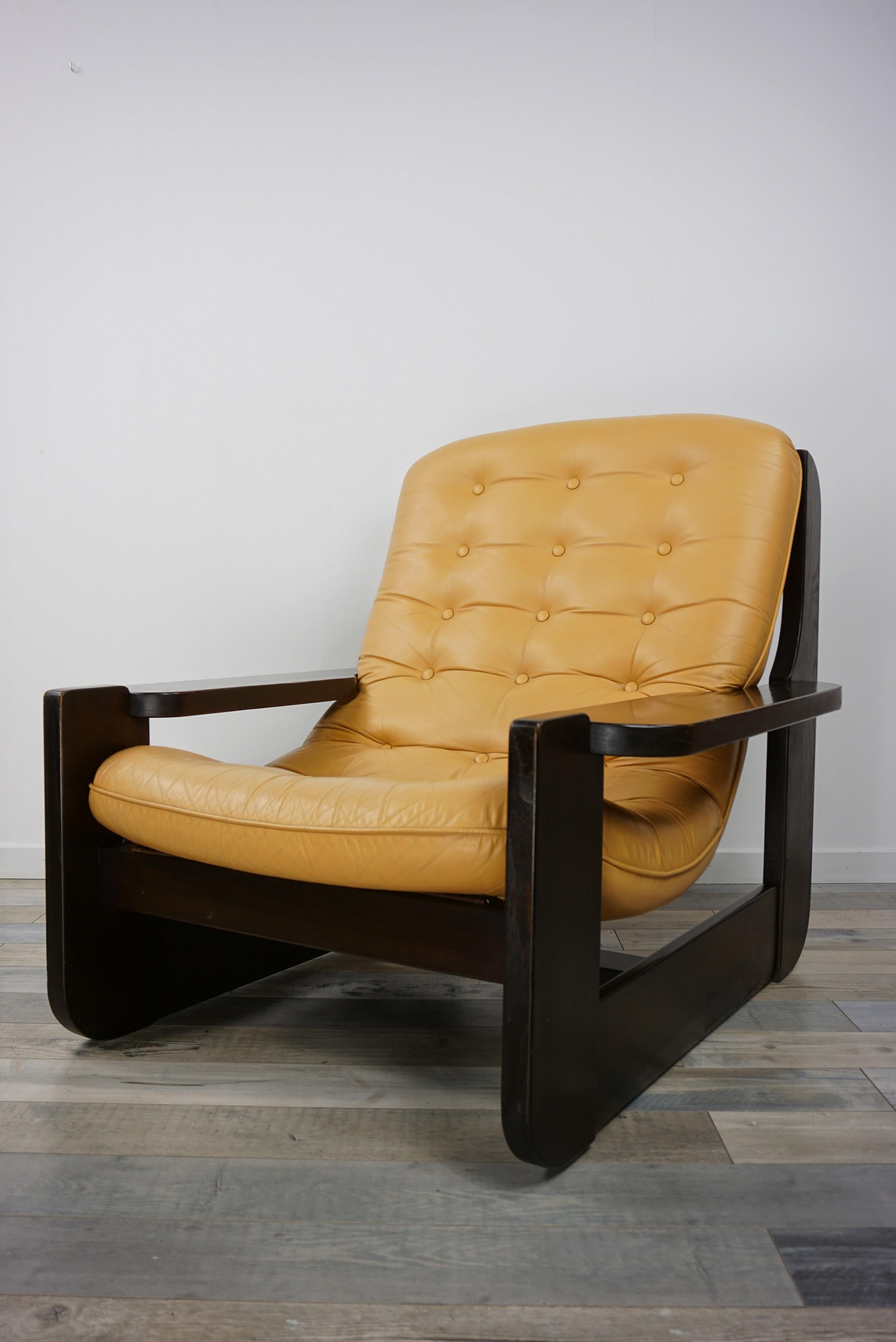 1960s Design Oak Wooden and Natural Leather Lounge Armchair 1