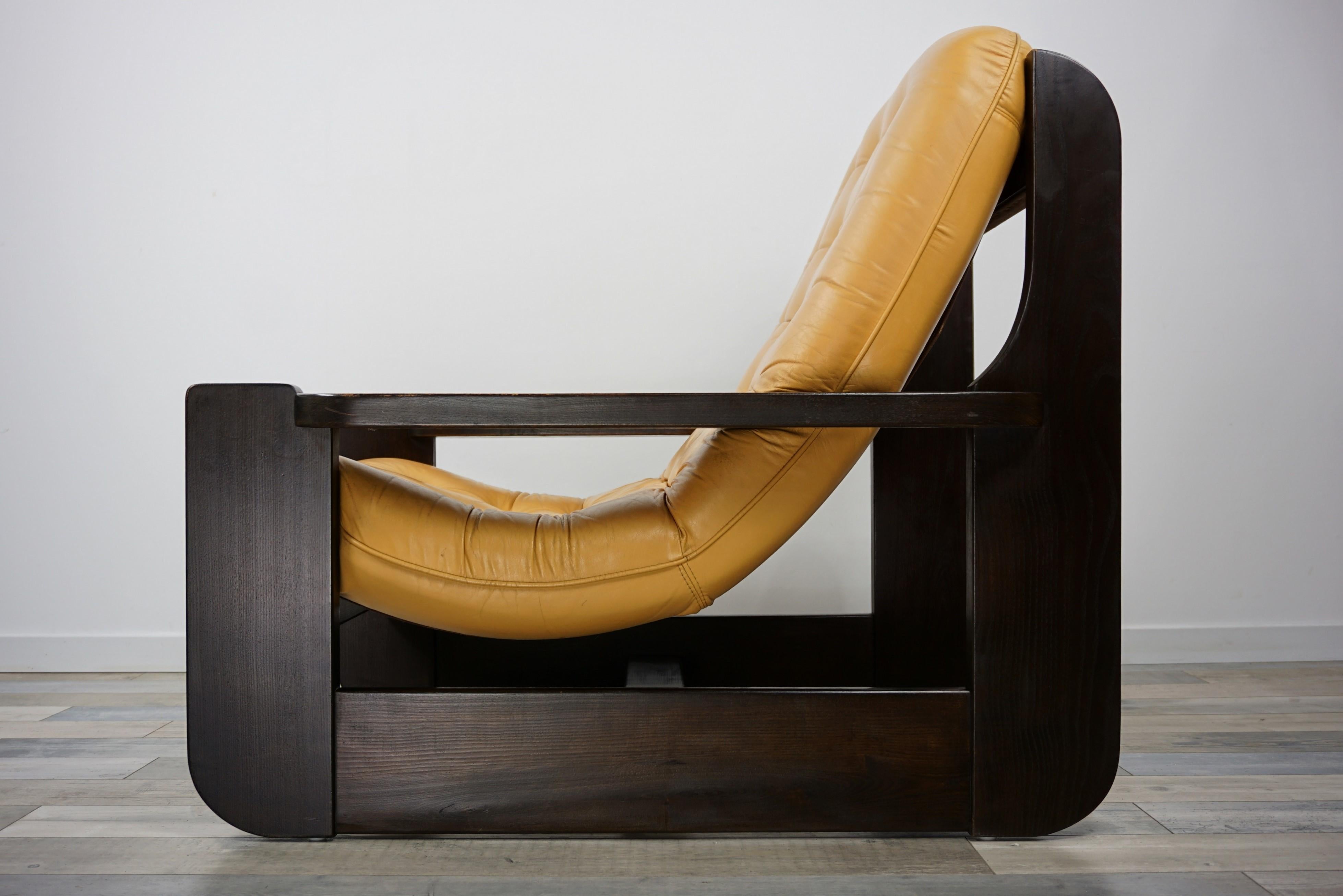 1960s Design Oak Wooden and Natural Leather Lounge Armchair 2