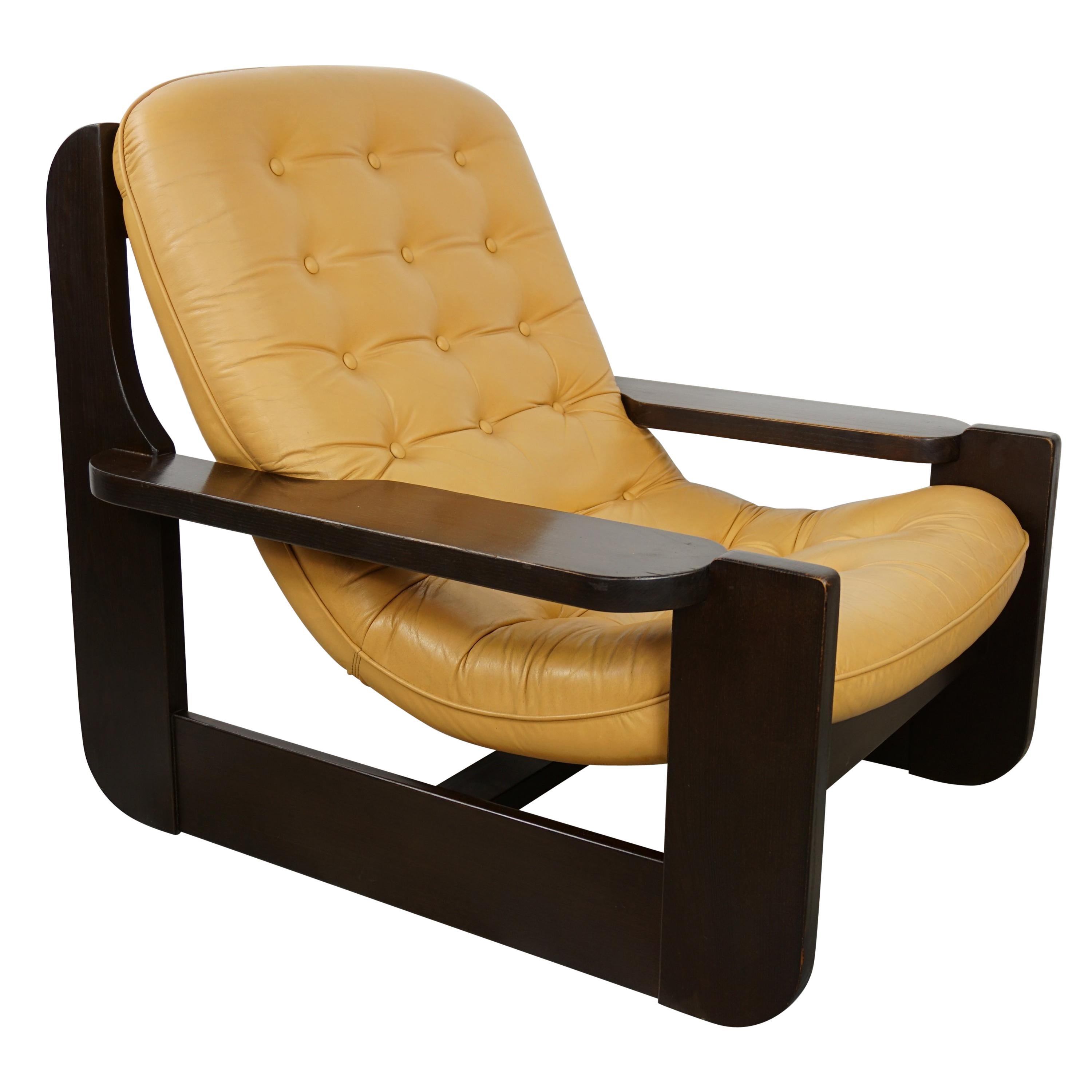 1960s Design Oak Wooden and Natural Leather Lounge Armchair
