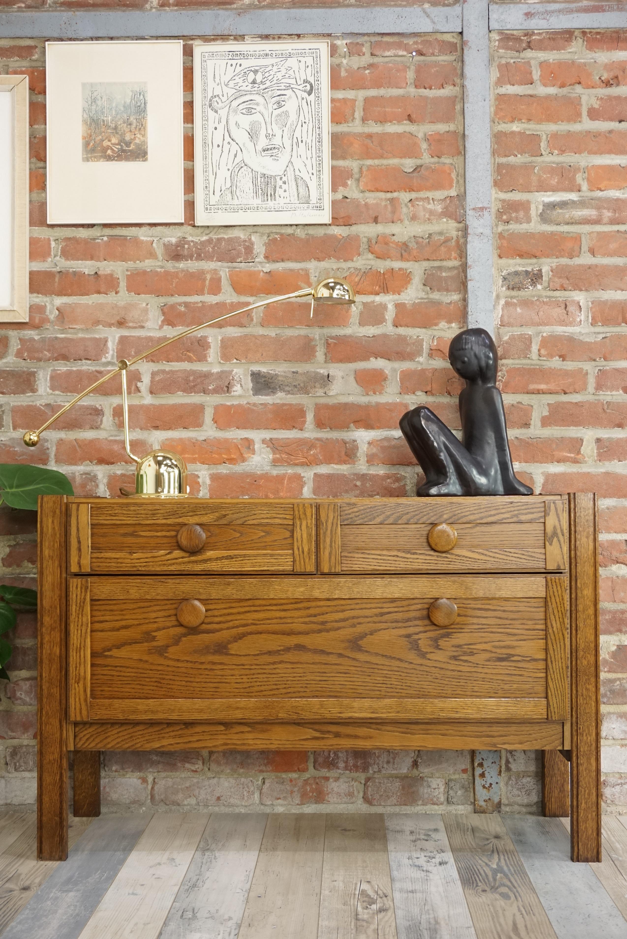 1960s design oak wooden cabinet compose of two drawers and a storage space front opening system. In excellent state.