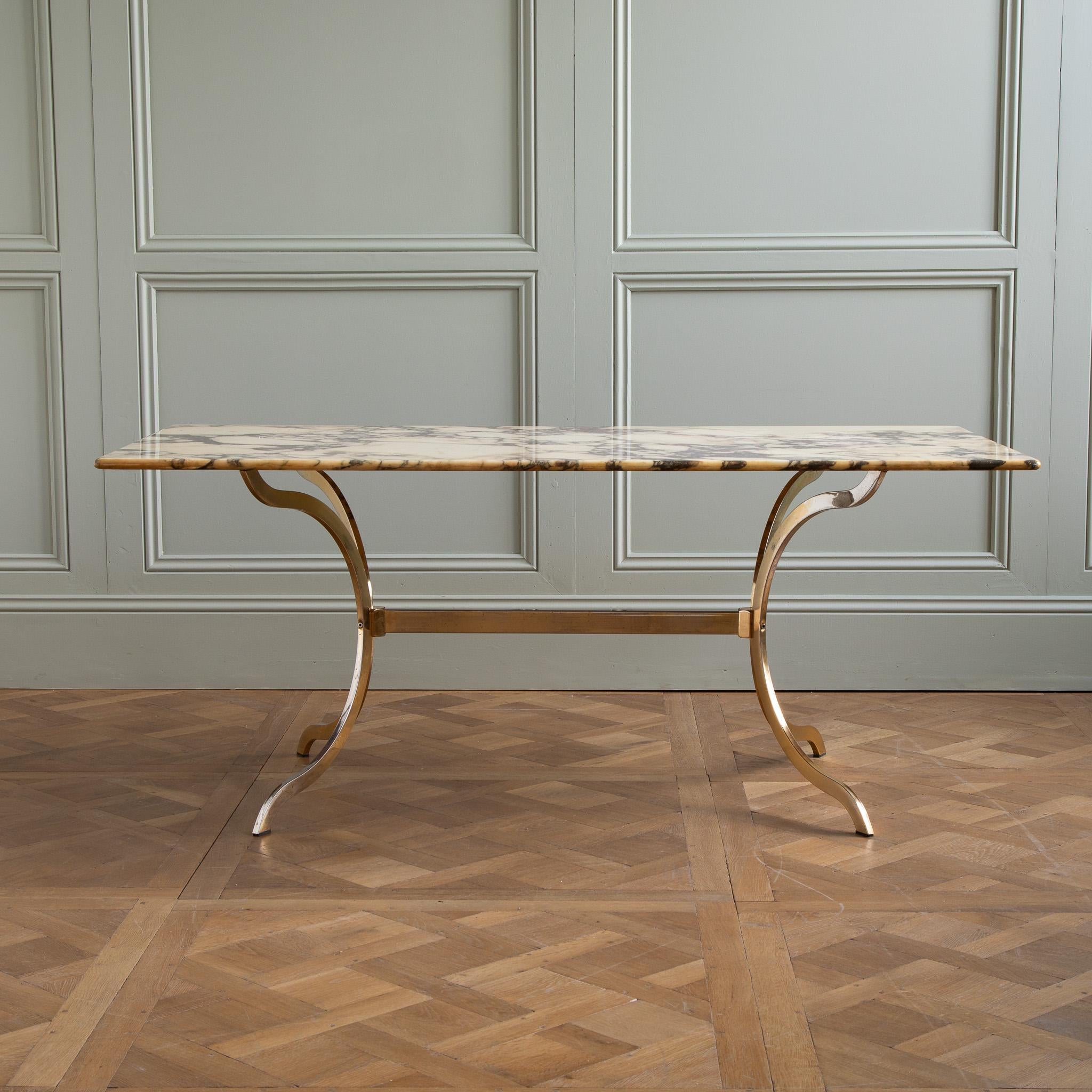 French 1960's designer Brass table with Breche violette marble 