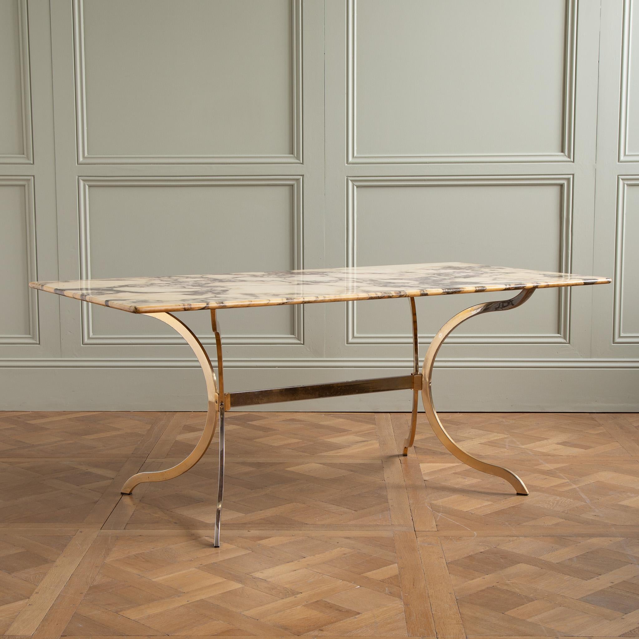 Plated 1960's designer Brass table with Breche violette marble 