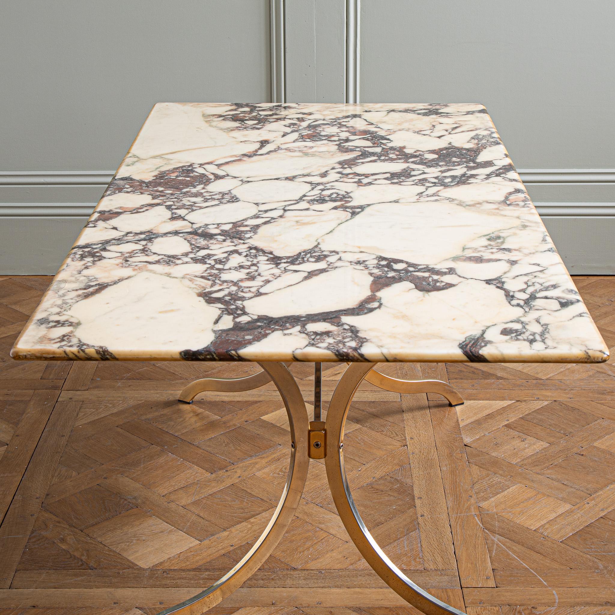 1960's designer Brass table with Breche violette marble  2