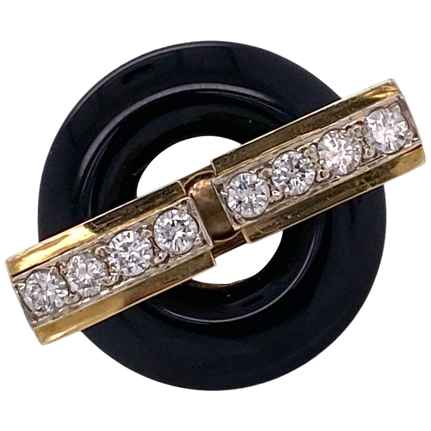 1960s Designer Diamond Onyx Yellow Gold Estate Cocktail Ring Signed La Triomphe