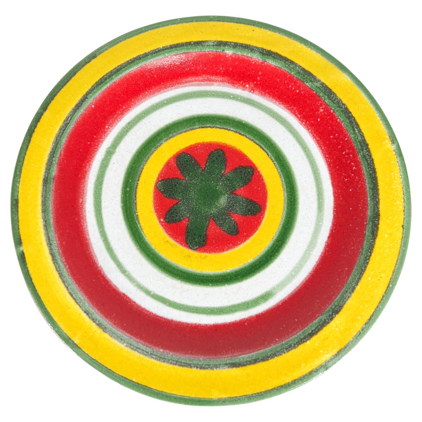 Assiette d'art en céramique jaune, rouge et vert, peinte à la main, DeSimone, Italie, années 1960