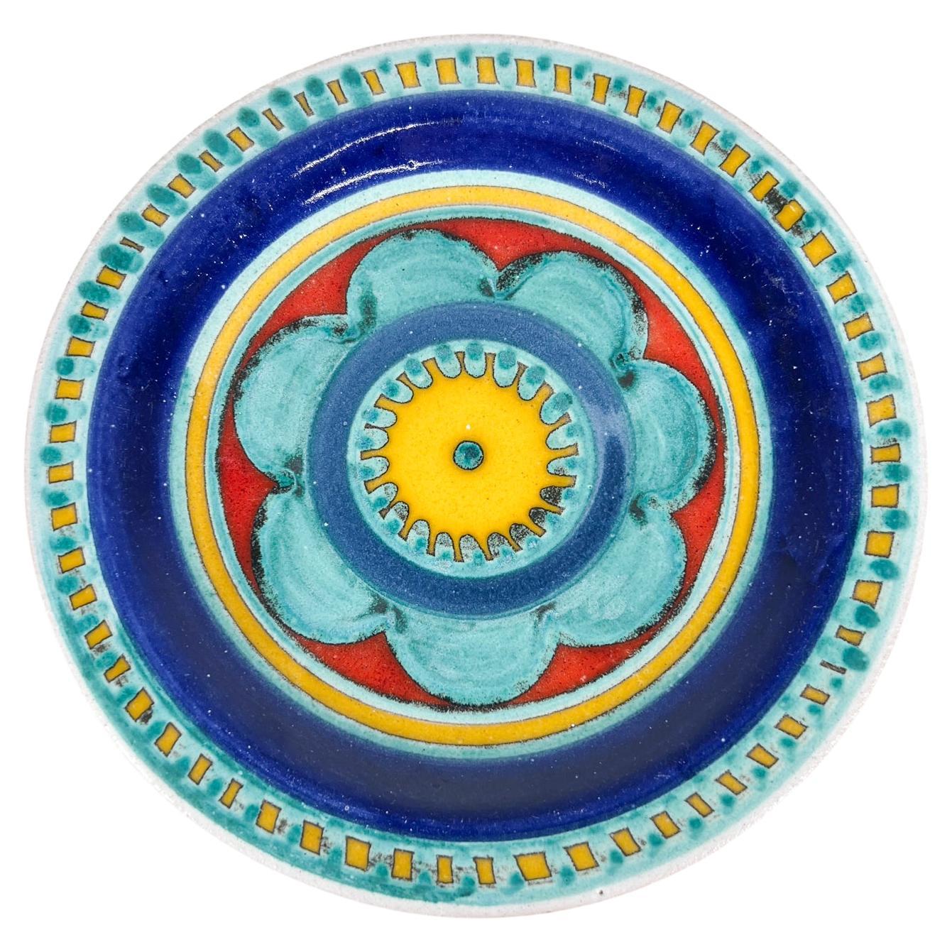 1960s DeSimone Pottery Italy Ceramic Art Plate Hand Painted Turquoise Flower 