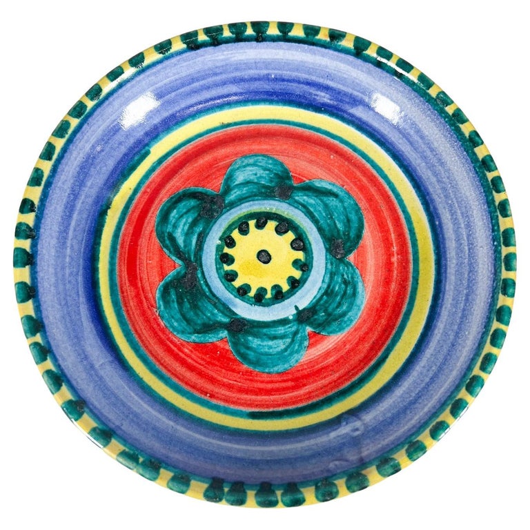 1960s DeSimone Pottery Italy Colorful Ceramic Art Plate Aqua Flower
