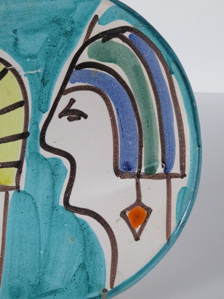 Glazed 1960s DeSimone Style Italian Mid-Century Decorative Plate with Egyptian Figures For Sale