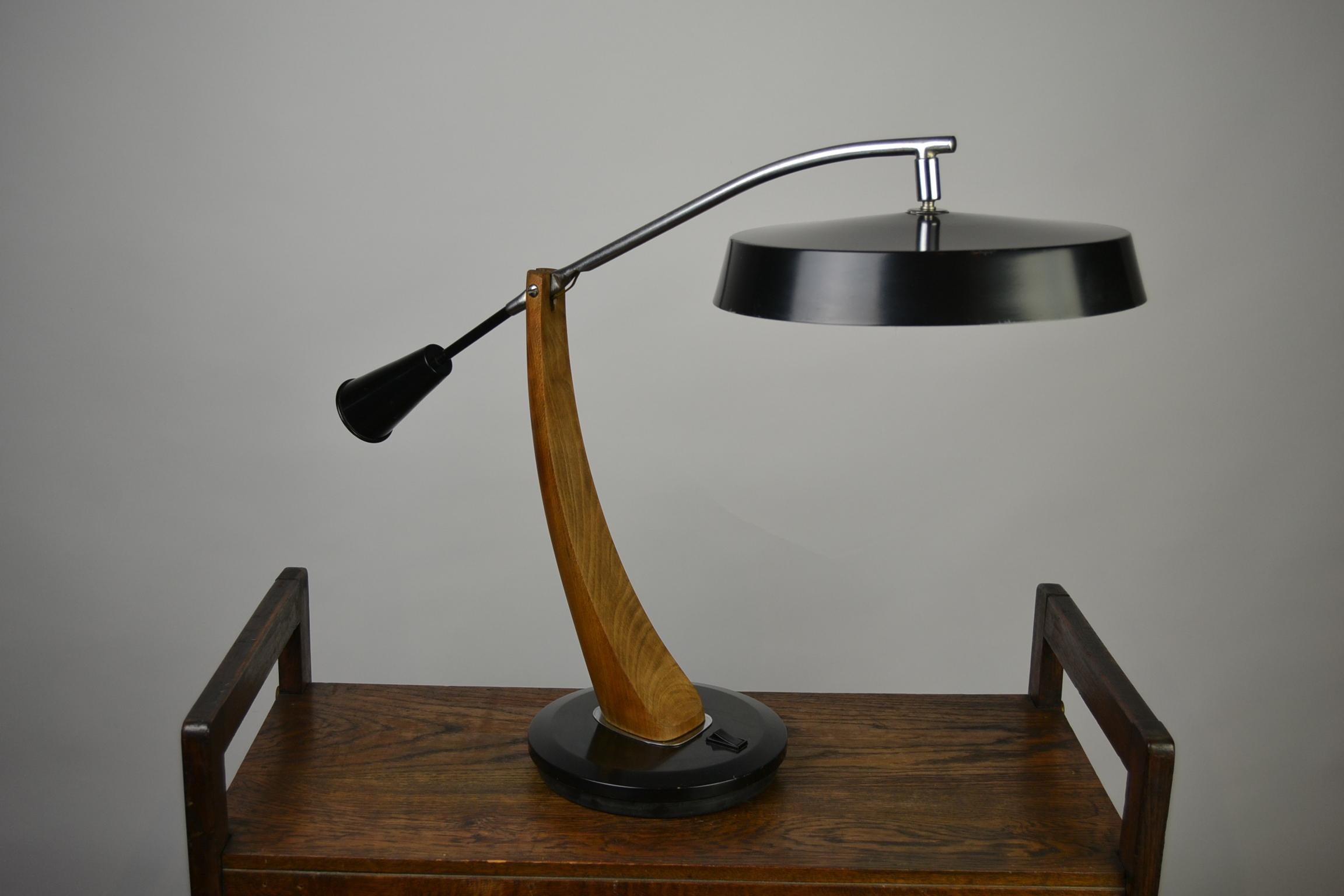 1960s Desk Lamp, Black Laquered Metal and Wood, Fase Madrid, Spain 3
