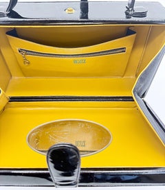 1960s DEUTZ Black Patent Leather Top Handle Box Bag w/ Coin Medallion Mirror 60s