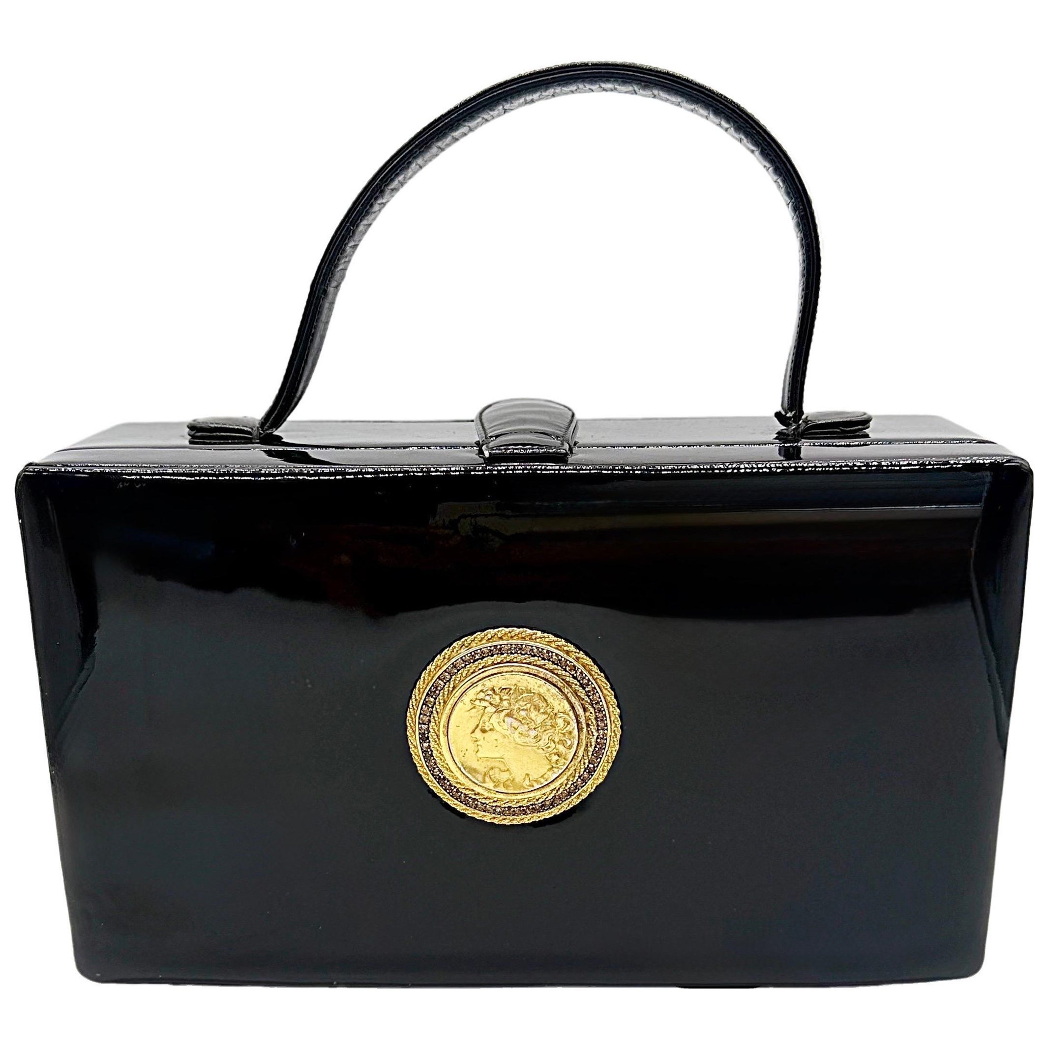 1960s DEUTZ Black Patent Leather Top Handle Box Bag w/ Coin Medallion Mirror 60s