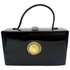 1960s DEUTZ Charol Negro Bolso Caja Asa Superior c/ Medallón Moneda Espejo 60s