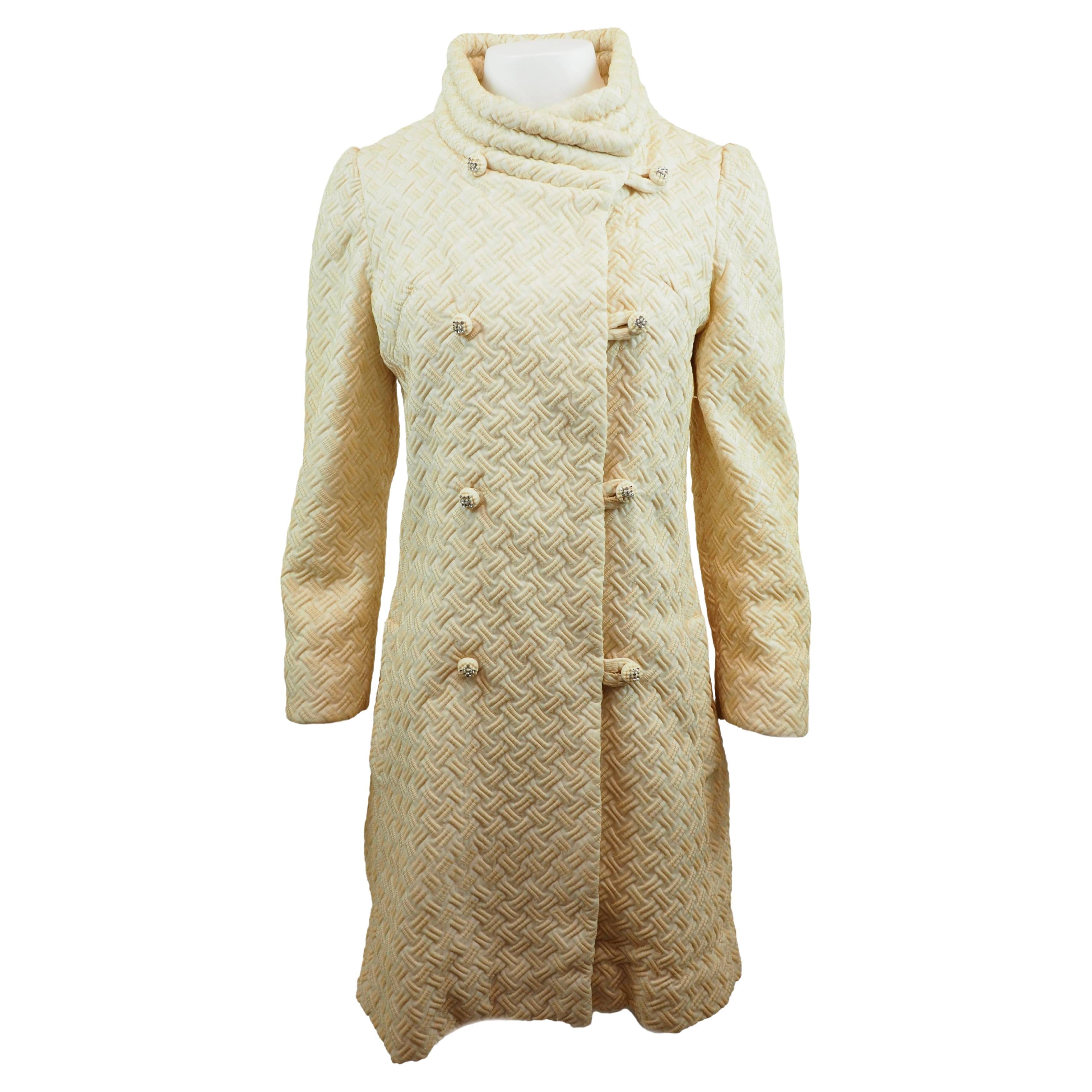 1960
s White Brocade Coat w Rhinestone Buttons/ Bridal