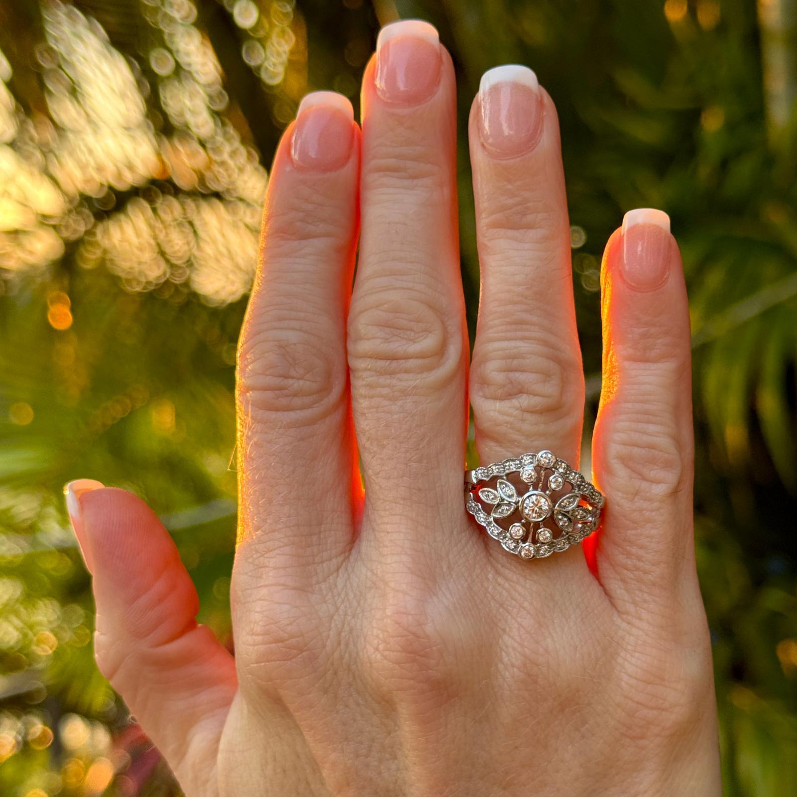 Art Deco 1960's Diamond 14 Karat White Gold Filigree Leaf Ring For Sale