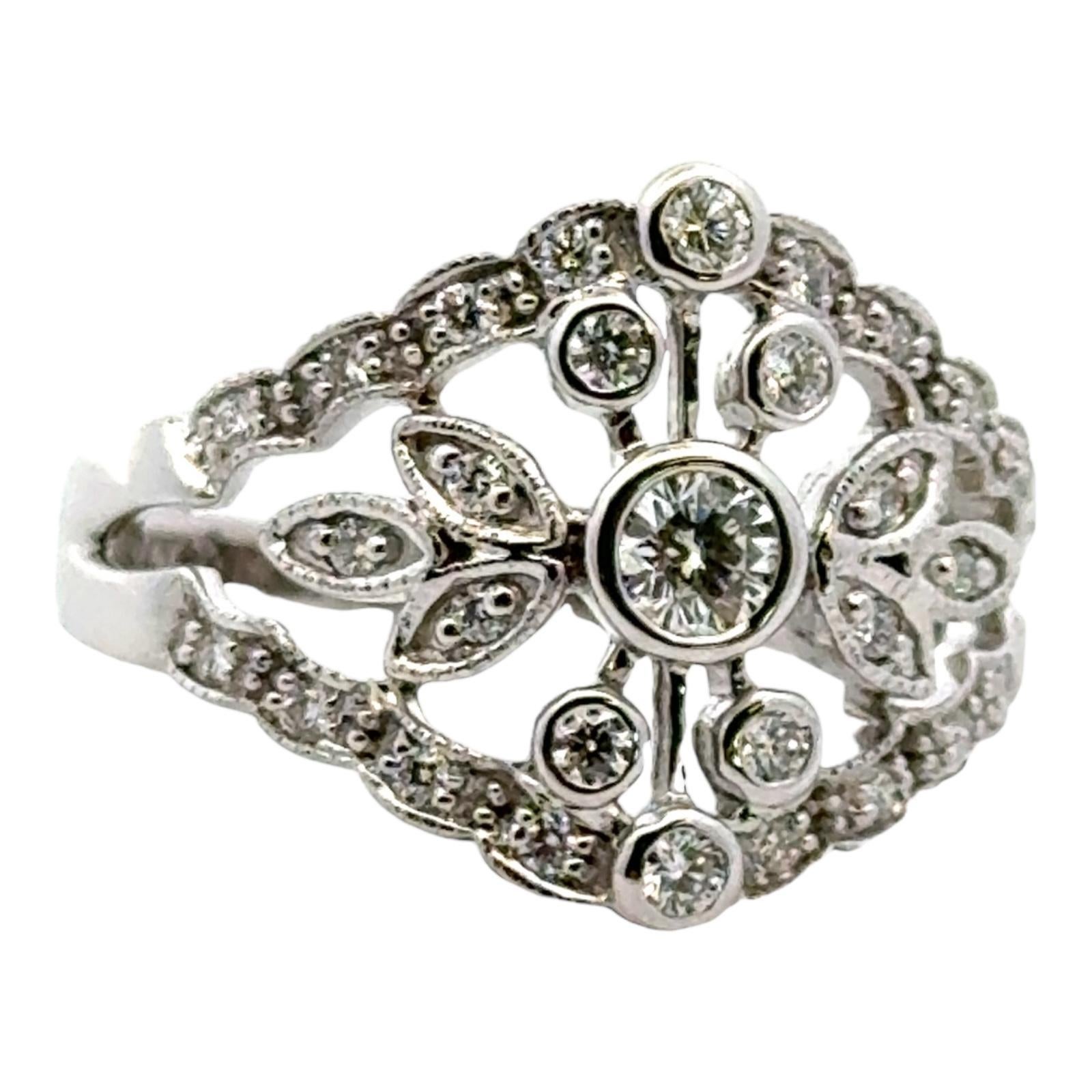 Women's 1960's Diamond 14 Karat White Gold Filigree Leaf Ring For Sale