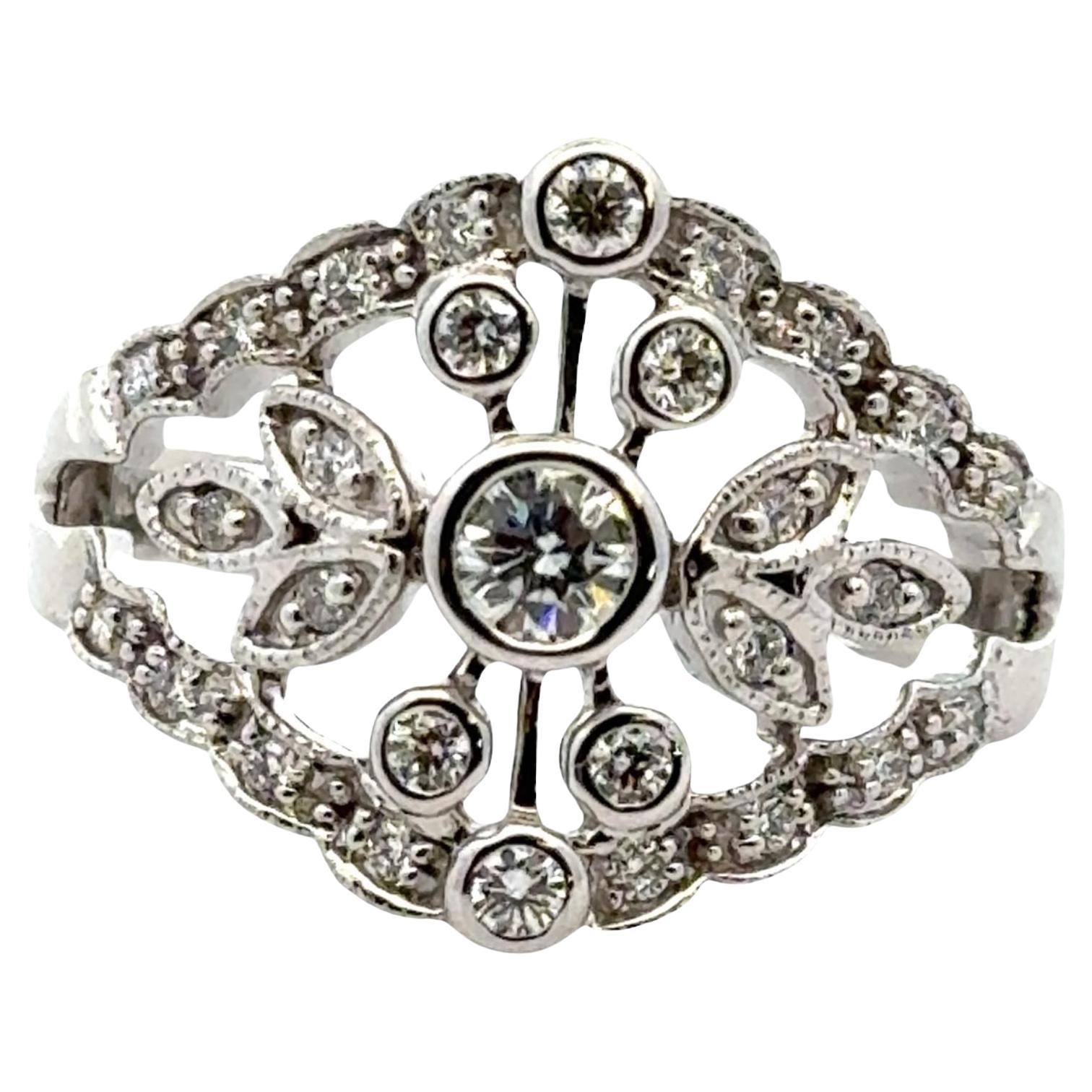 1960's Diamond 14 Karat White Gold Filigree Leaf Ring For Sale