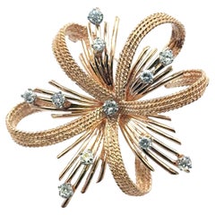1960's Diamond 14 Karat Yellow Gold Bow Vintage Pin Brooch