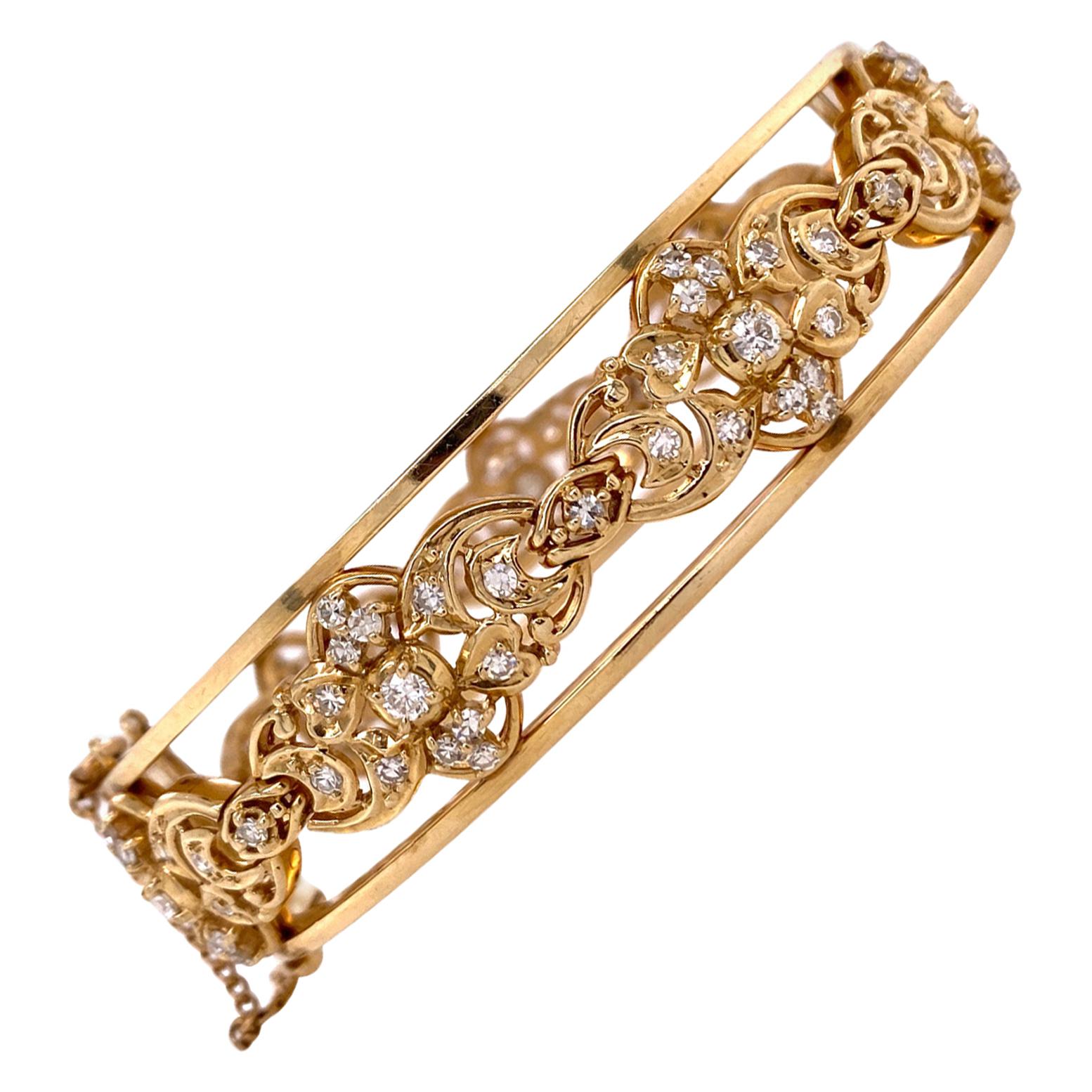 1960s Diamond 14 Karat Yellow Gold Hinged Bangle Bracelet Vintage