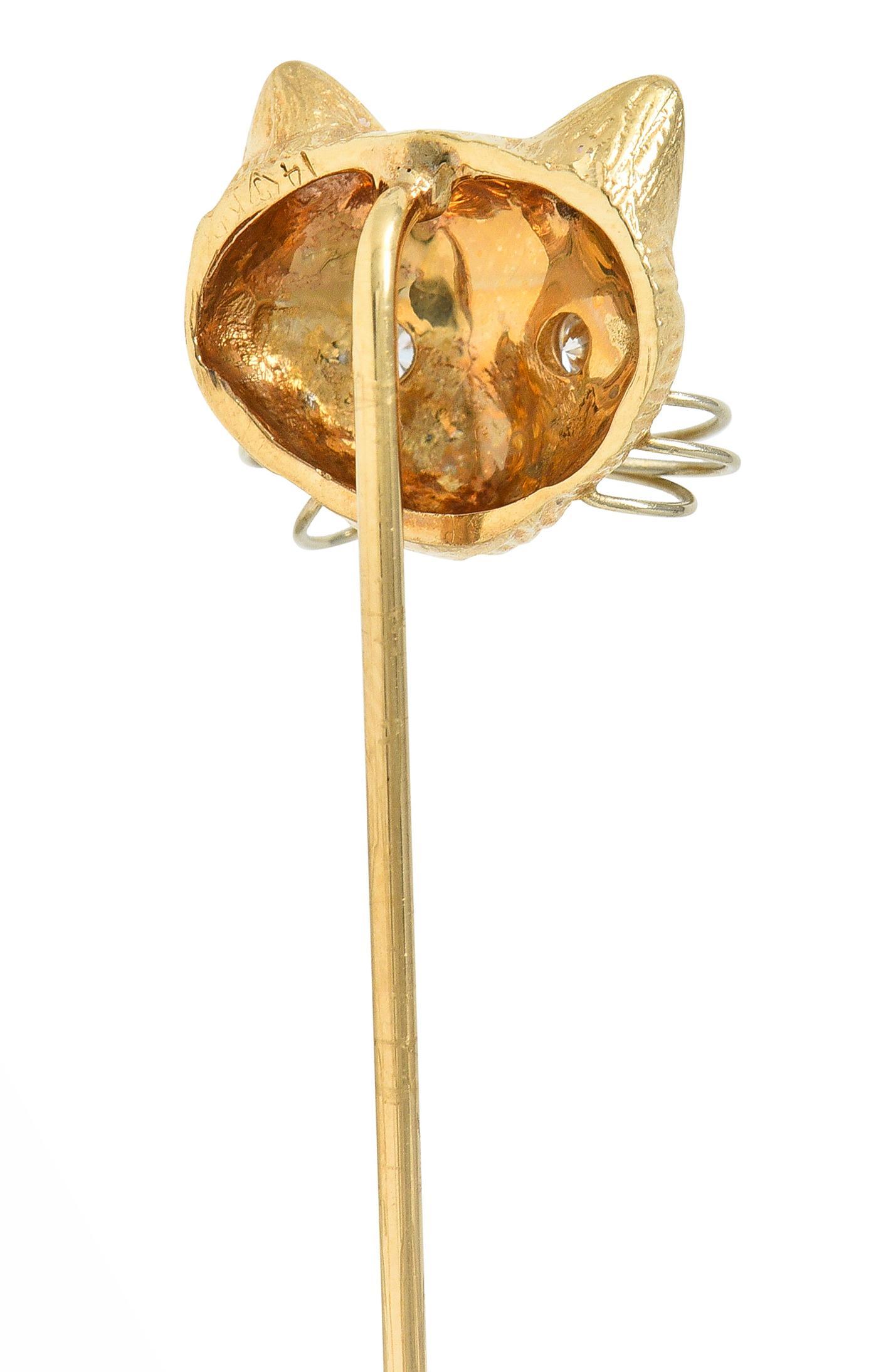 1960's Diamond 14 Karat Yellow Gold Vintage Cat Stickpin In Excellent Condition For Sale In Philadelphia, PA