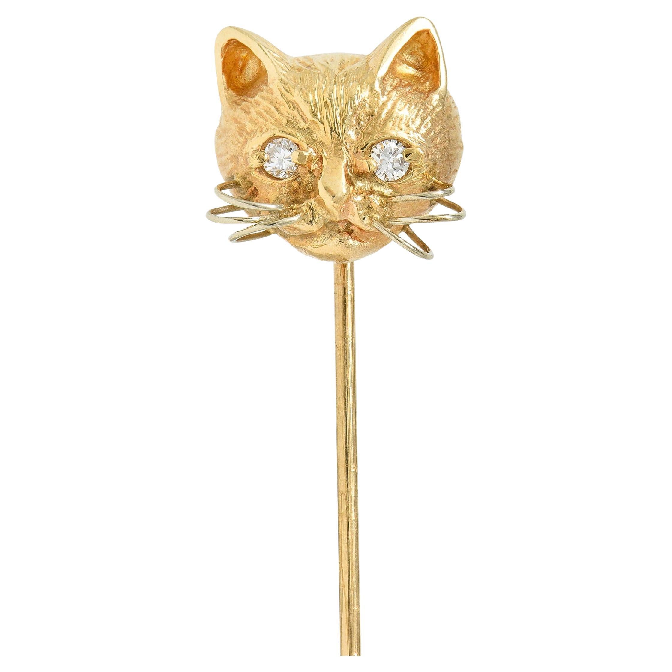 1960's Diamond 14 Karat Yellow Gold Vintage Cat Stickpin For Sale