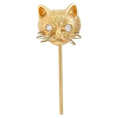 1960's Diamond 14 Karat Yellow Gold Vintage Cat Stickpin