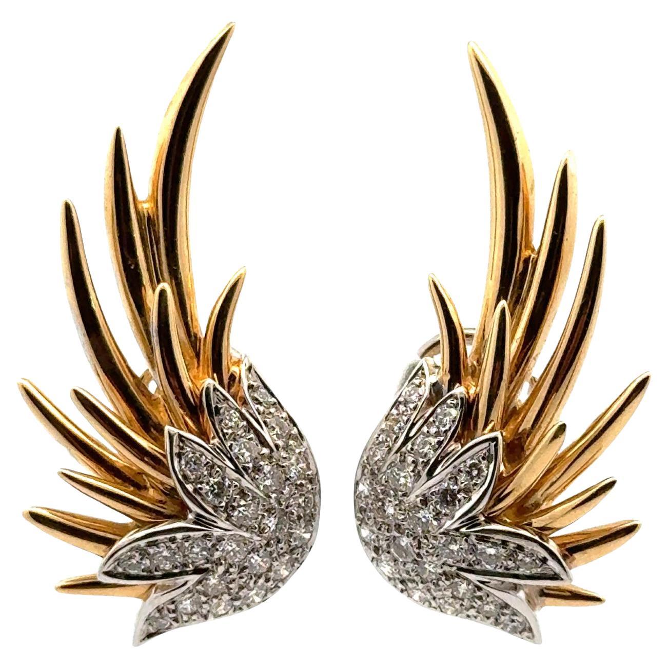 Boucles d'oreilles Crawler Leverback des années 1960 en or bicolore 18 carats et diamants