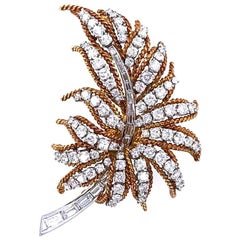 1960s Diamond 18 Karat Yellow Gold Platinum Leaf Pin Brooch