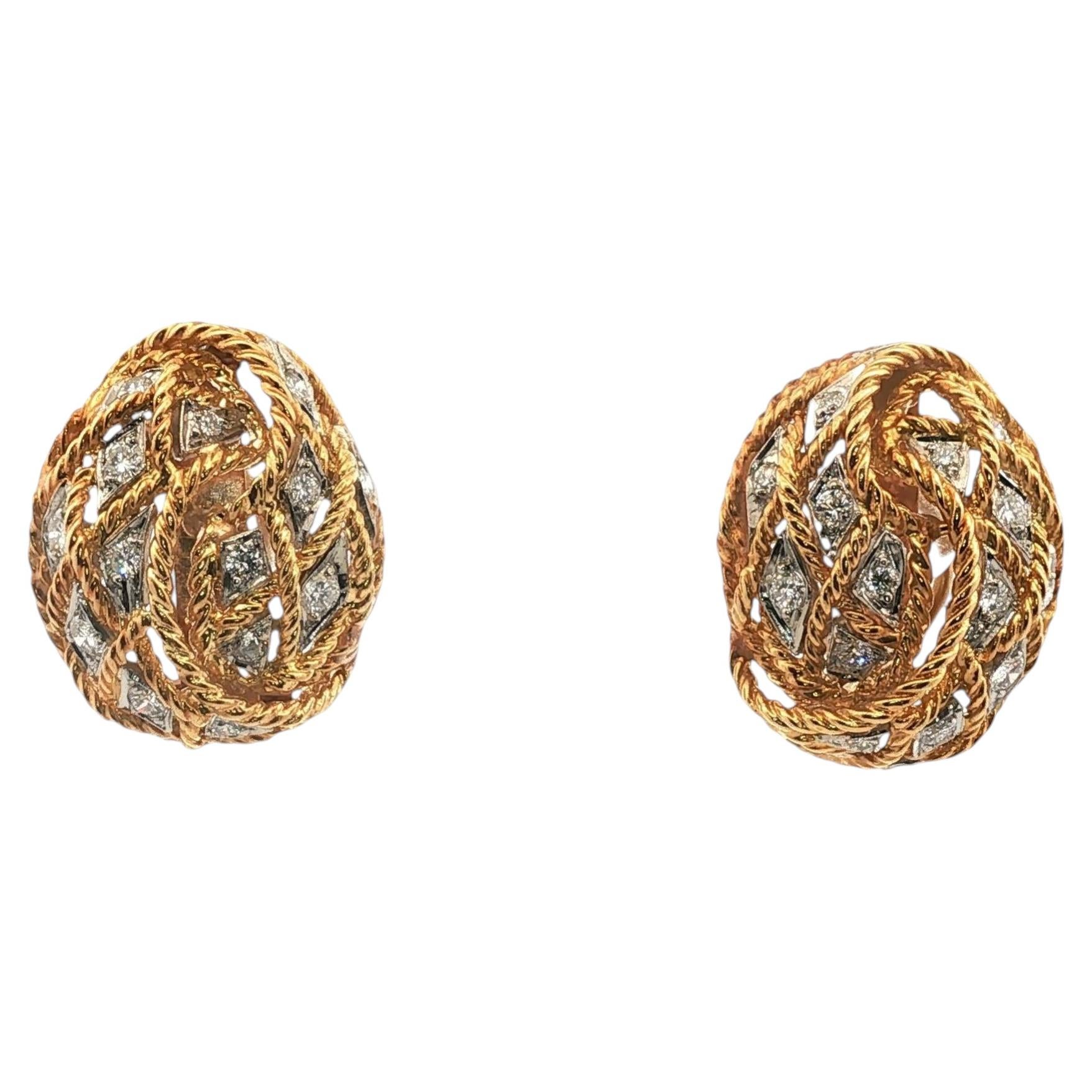 1960's Diamond 18 Karat Yellow Gold Rope Oval Leverback Vintage Earrings