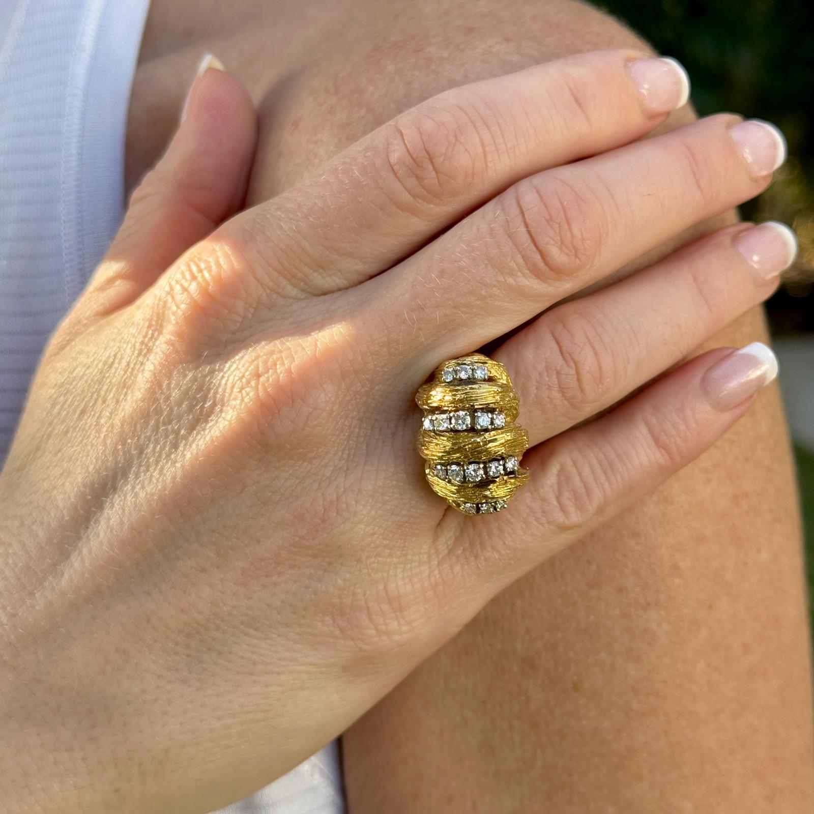 Round Cut 1960's Diamond 18 Karat Yellow Gold Textured Dome Cocktail Ring For Sale