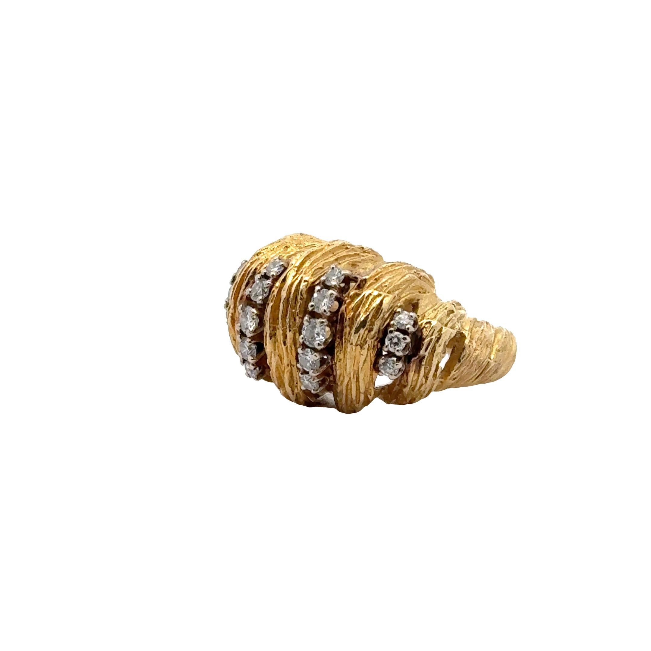 1960's Diamond 18 Karat Yellow Gold Textured Dome Cocktail Ring In Excellent Condition For Sale In Boca Raton, FL