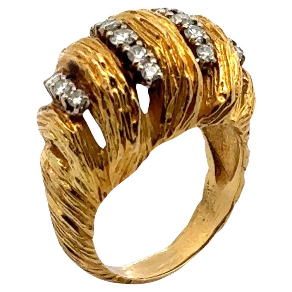 1960's Diamond 18 Karat Yellow Gold Textured Dome Cocktail Ring For Sale