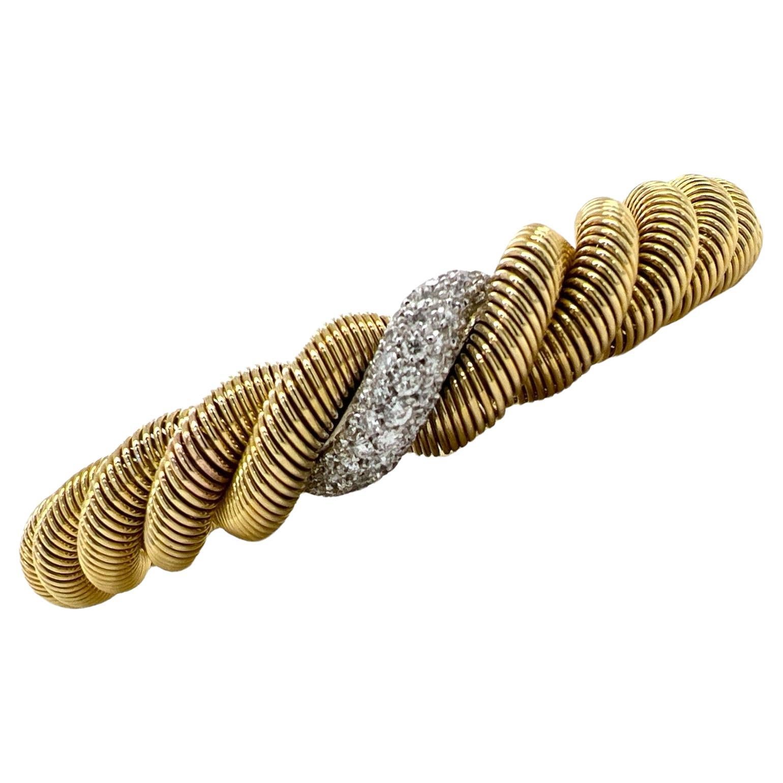 1960
s Diamond 18 Karat Yellow Gold Twisted Cuff Bangle Vintage Bracelet
