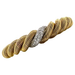 1960's Diamond 18 Karat Yellow Gold Twisted Cuff Bangle Vintage Bracelet