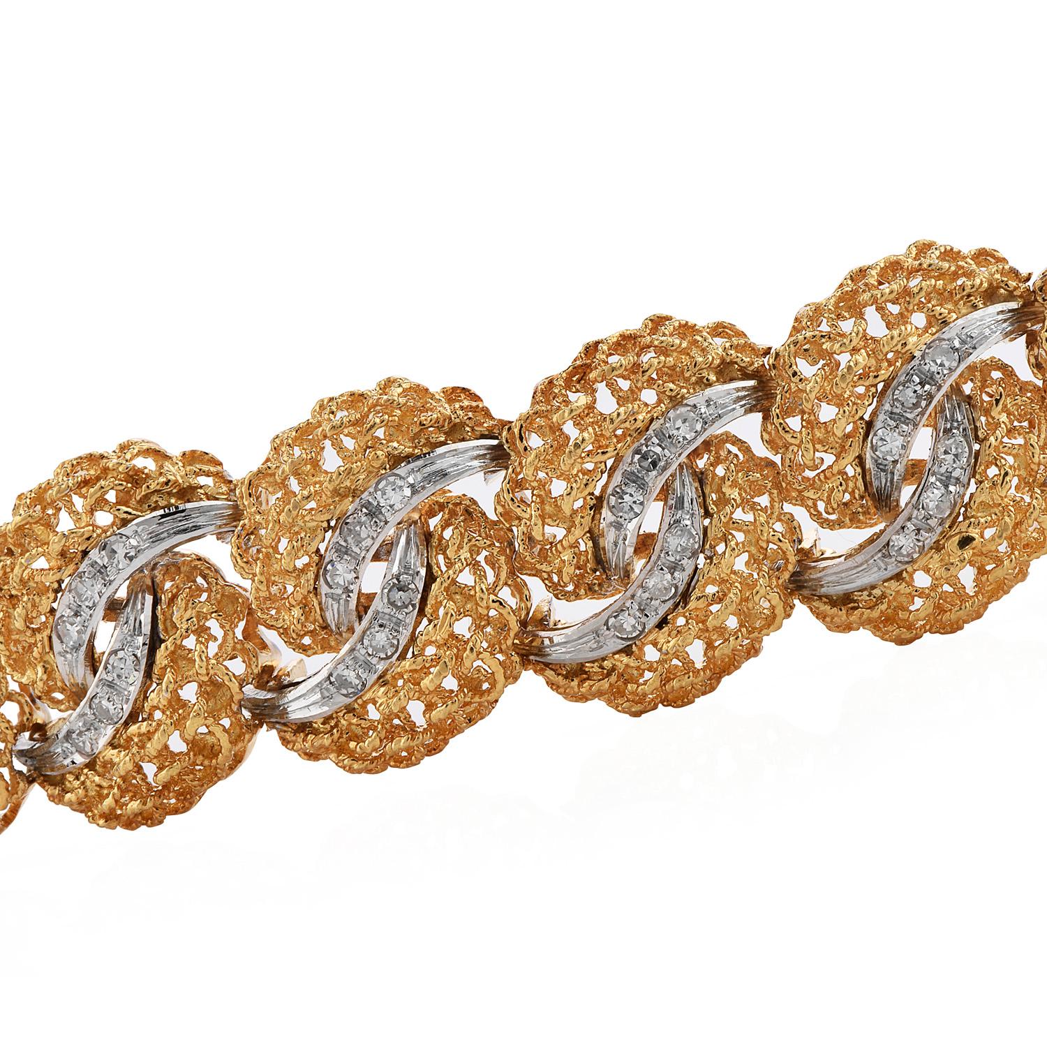 Retro 1960's Diamond 18K Two-Color Gold Woven Filigree Bracelet