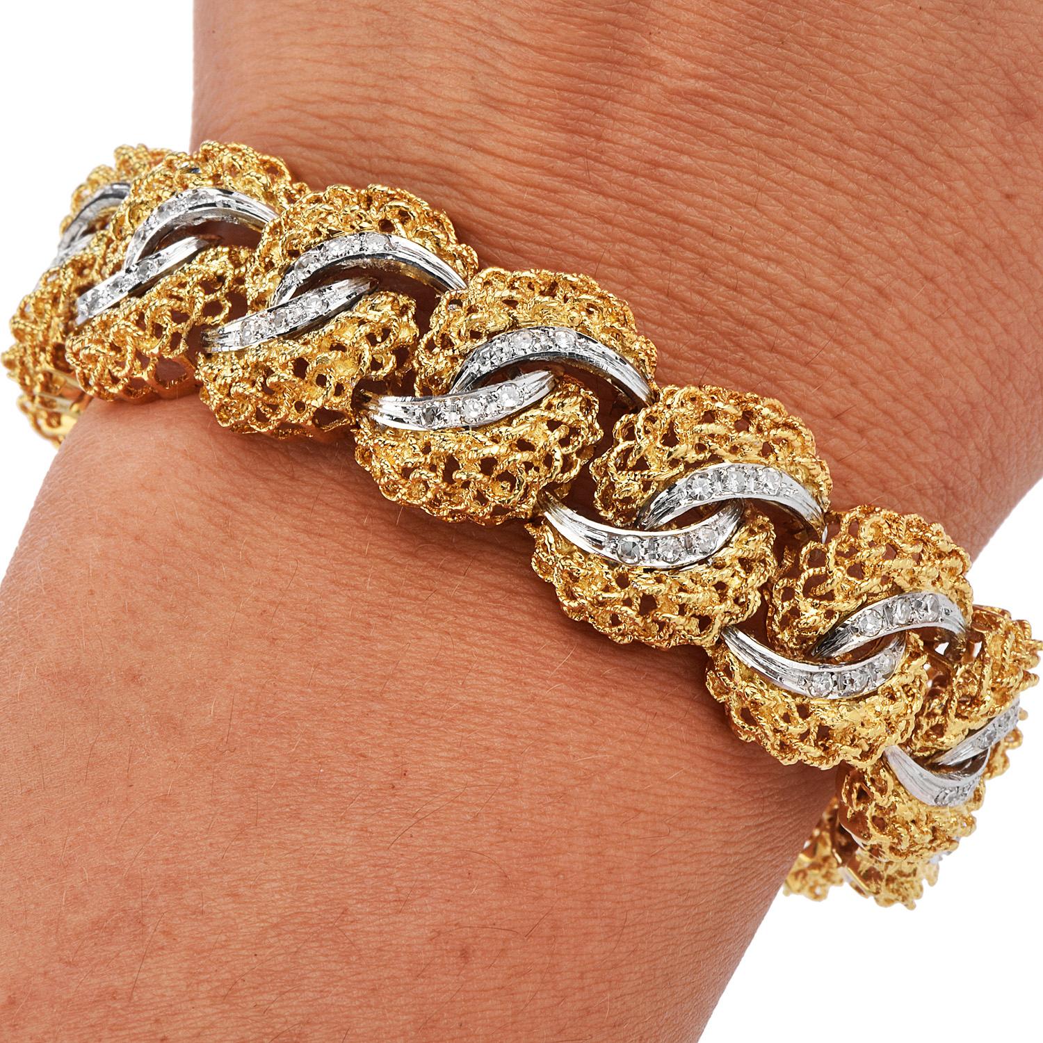 1960's Diamond 18K Two-Color Gold Woven Filigree Bracelet In Excellent Condition In Miami, FL