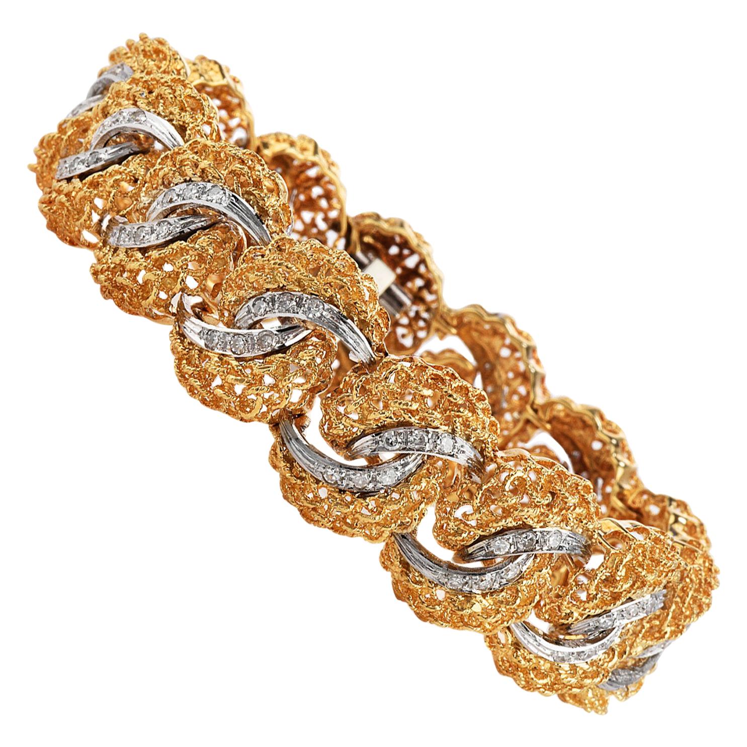1960's Diamond 18K Two-Color Gold Woven Filigree Bracelet