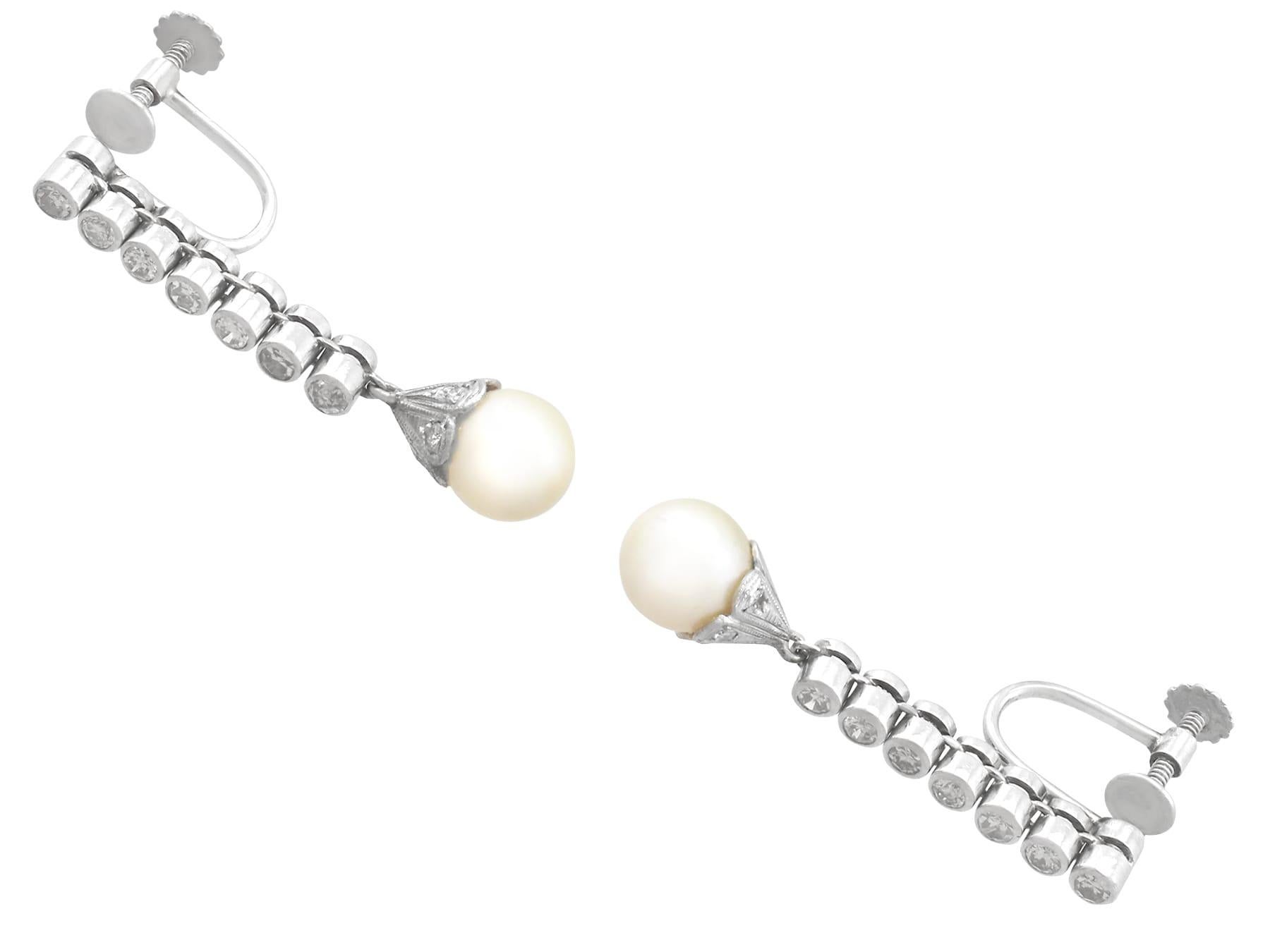 1960s Diamond and Cultured Pearl Platinum Drop Earrings In Excellent Condition For Sale In Jesmond, Newcastle Upon Tyne