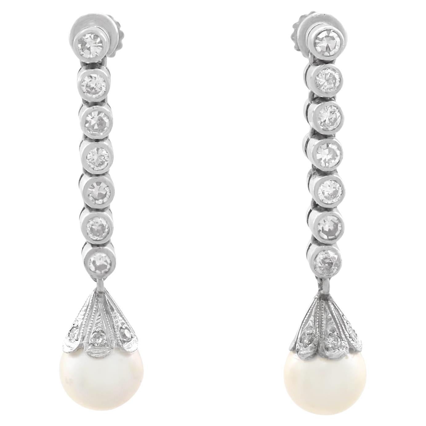 1960s Diamond and Cultured Pearl Platinum Drop Earrings