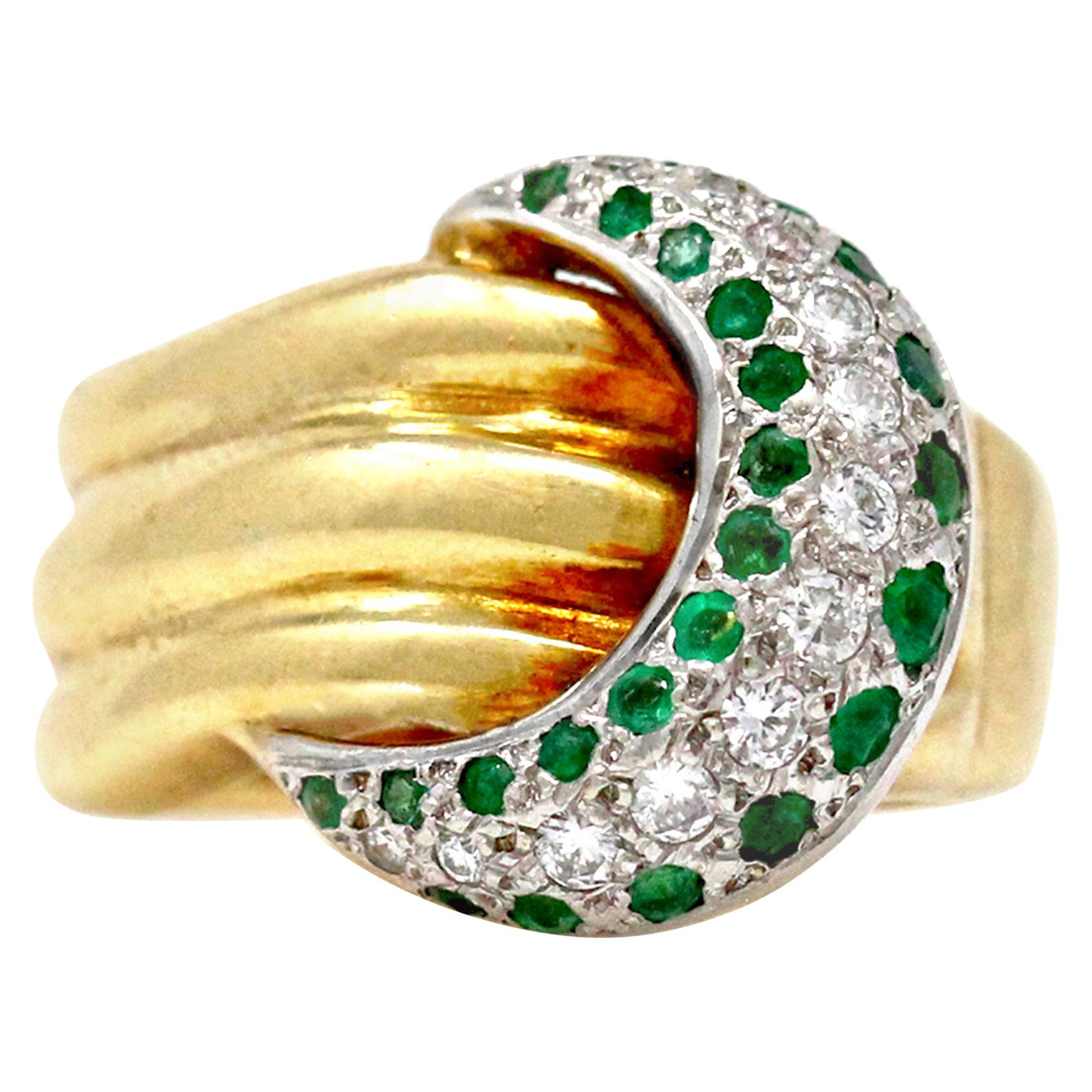 Diamond and Emerald Crescent Duo-Tone 18 Karat Gold Ring