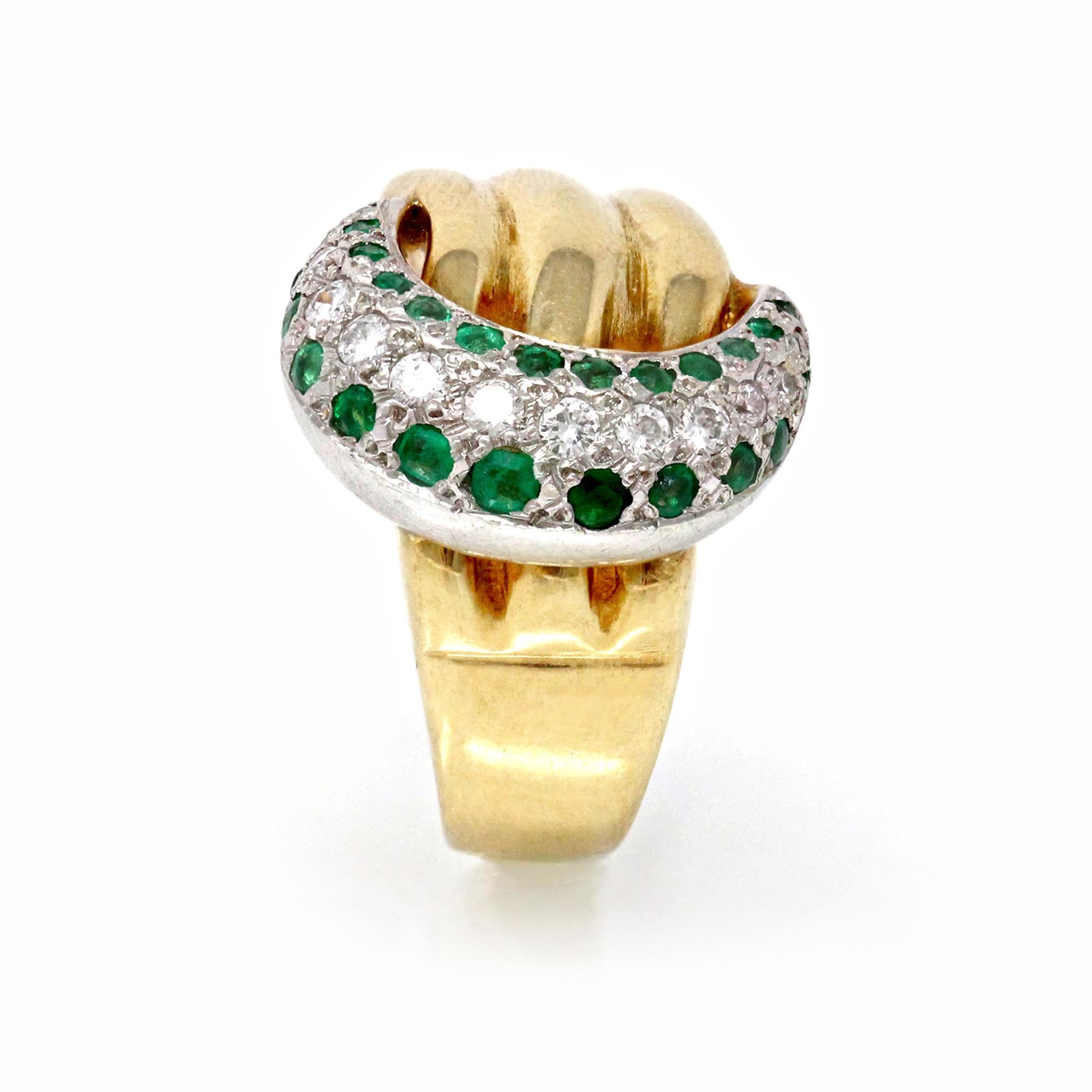 Contemporary Diamond and Emerald Crescent Duo-Tone 18 Karat Gold Ring
