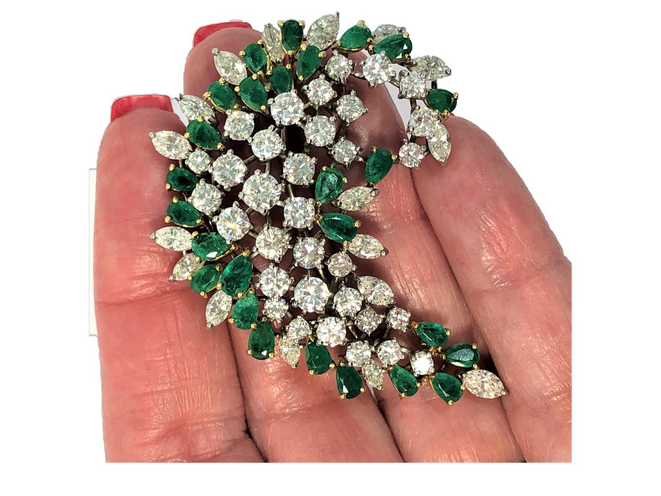 Emerald Cut 1960s Diamond and Emerald Swirl Brooch/Pendant Signed Van Clief